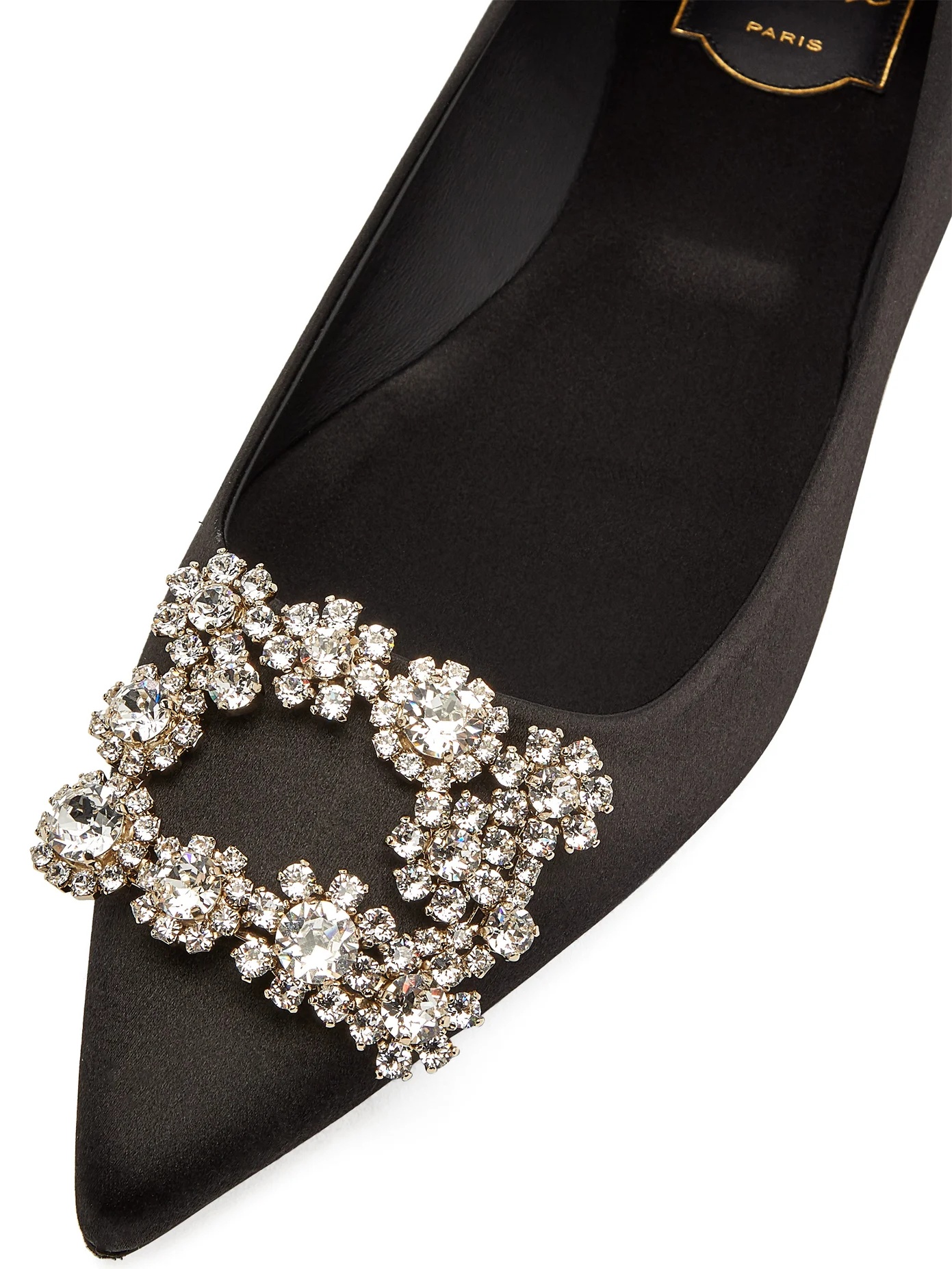 Crystal-buckle pointed satin flats - 6