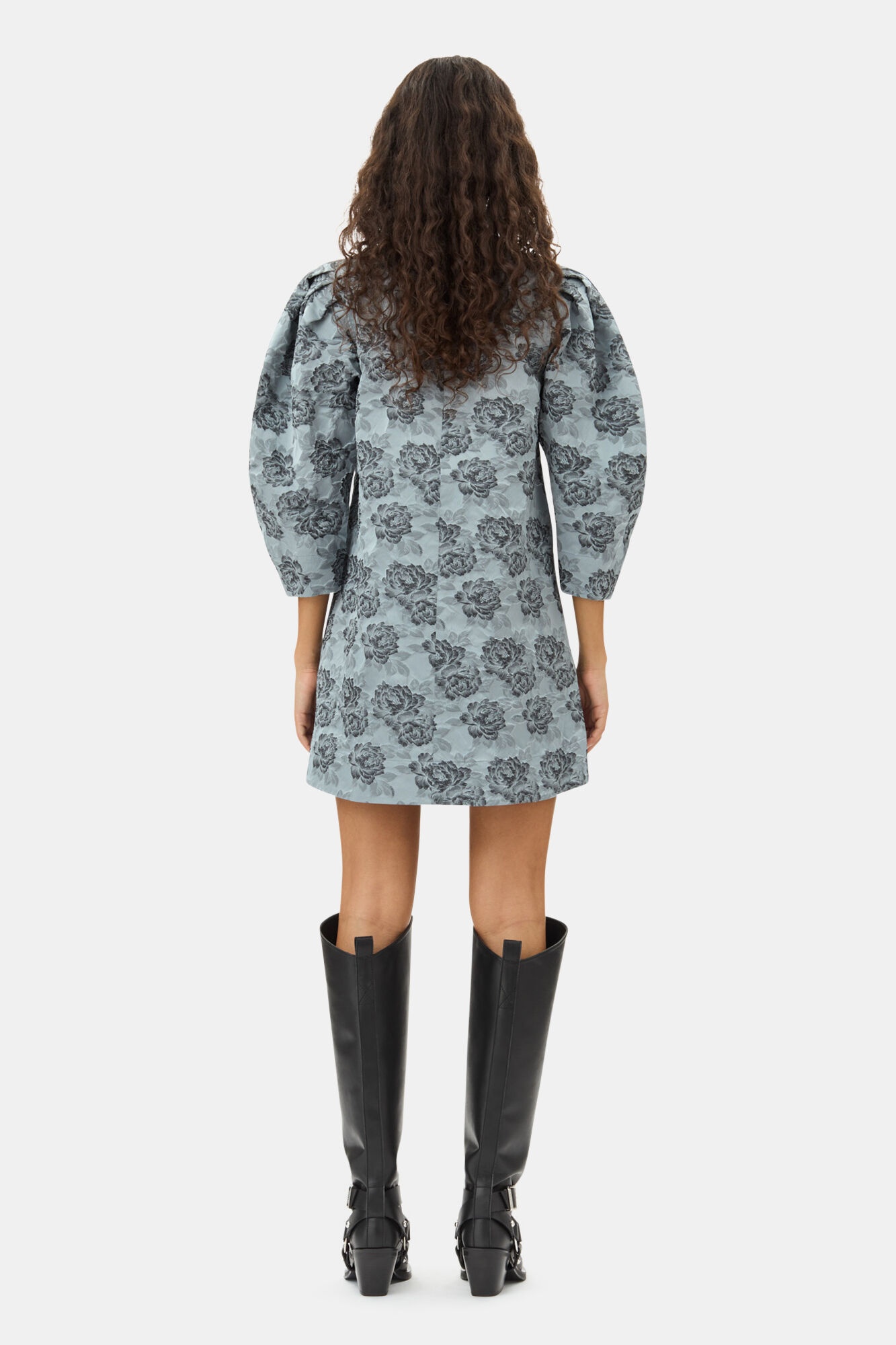 BLUE FLORAL JACQUARD A-LINE MINI DRESS - 5
