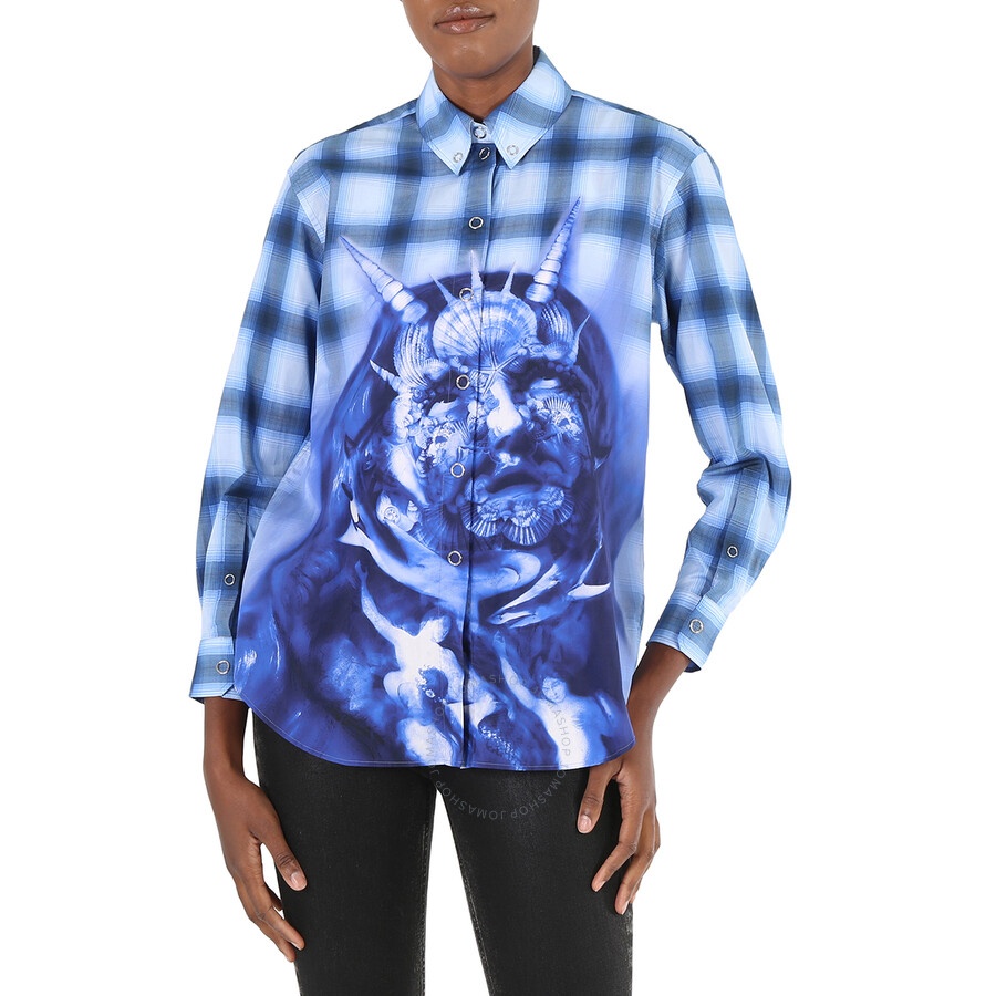 Burberry Ladies Ink Blue Sea Maiden Print Plaid Shirt - 3