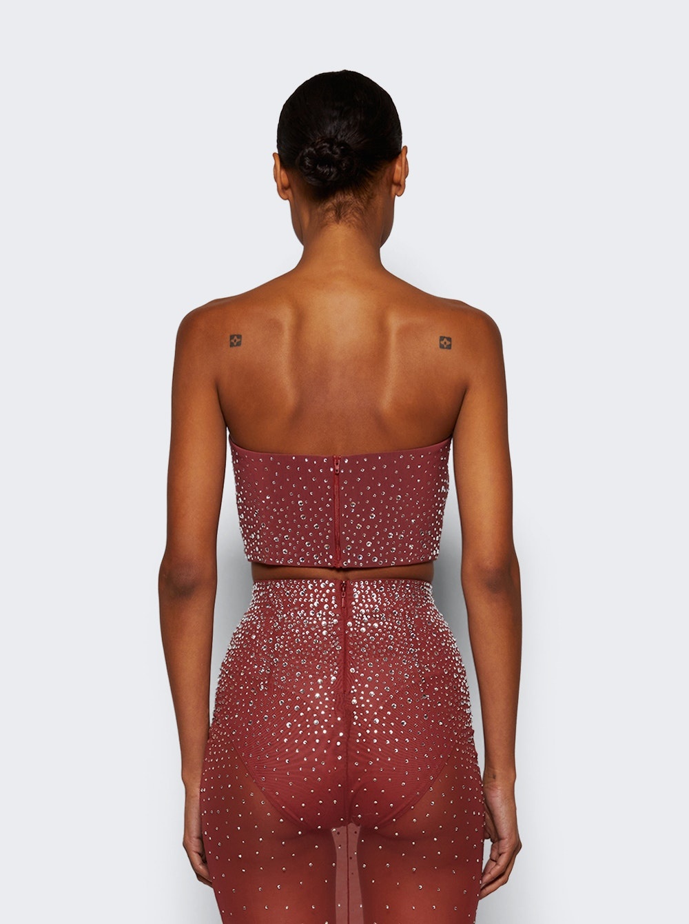 Strapless Crop Top In Crystal Porwer Mesh Cognac - 5