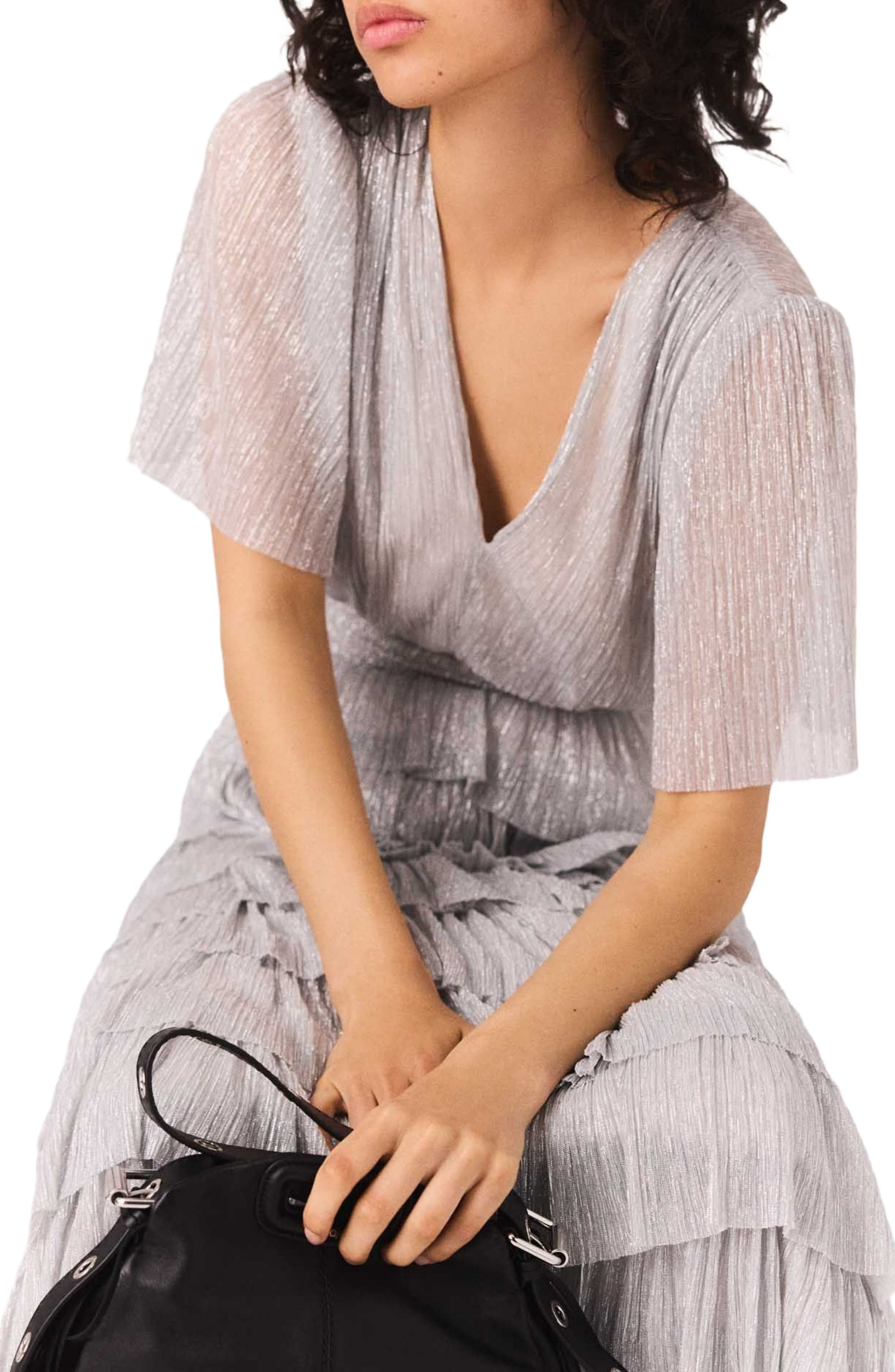 maje Metallic ruffled midi dress in Silver at Nordstrom - 7