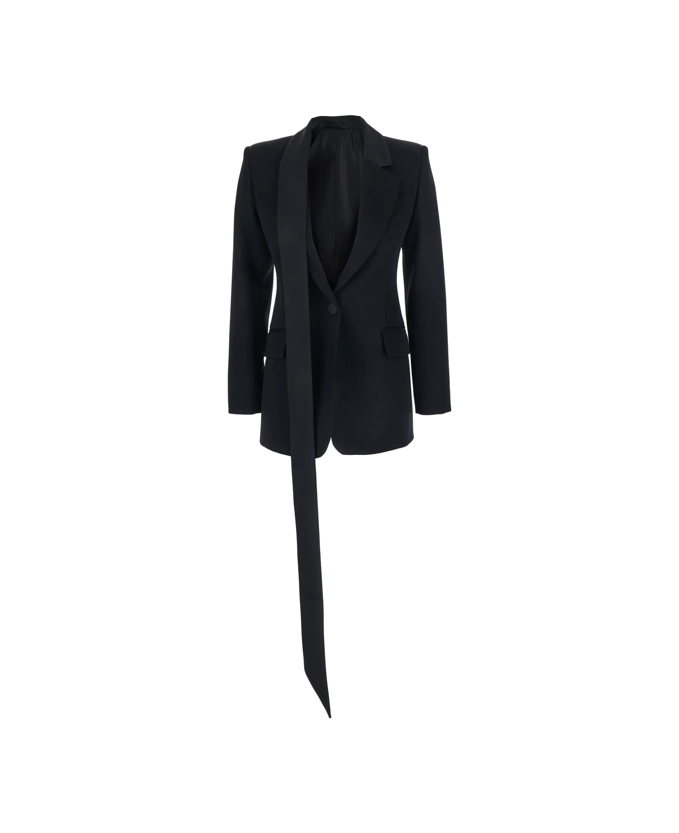 Black Single-breasted Jacket With Notched Revers And Oversized Band Detail In Wool Woman - 1