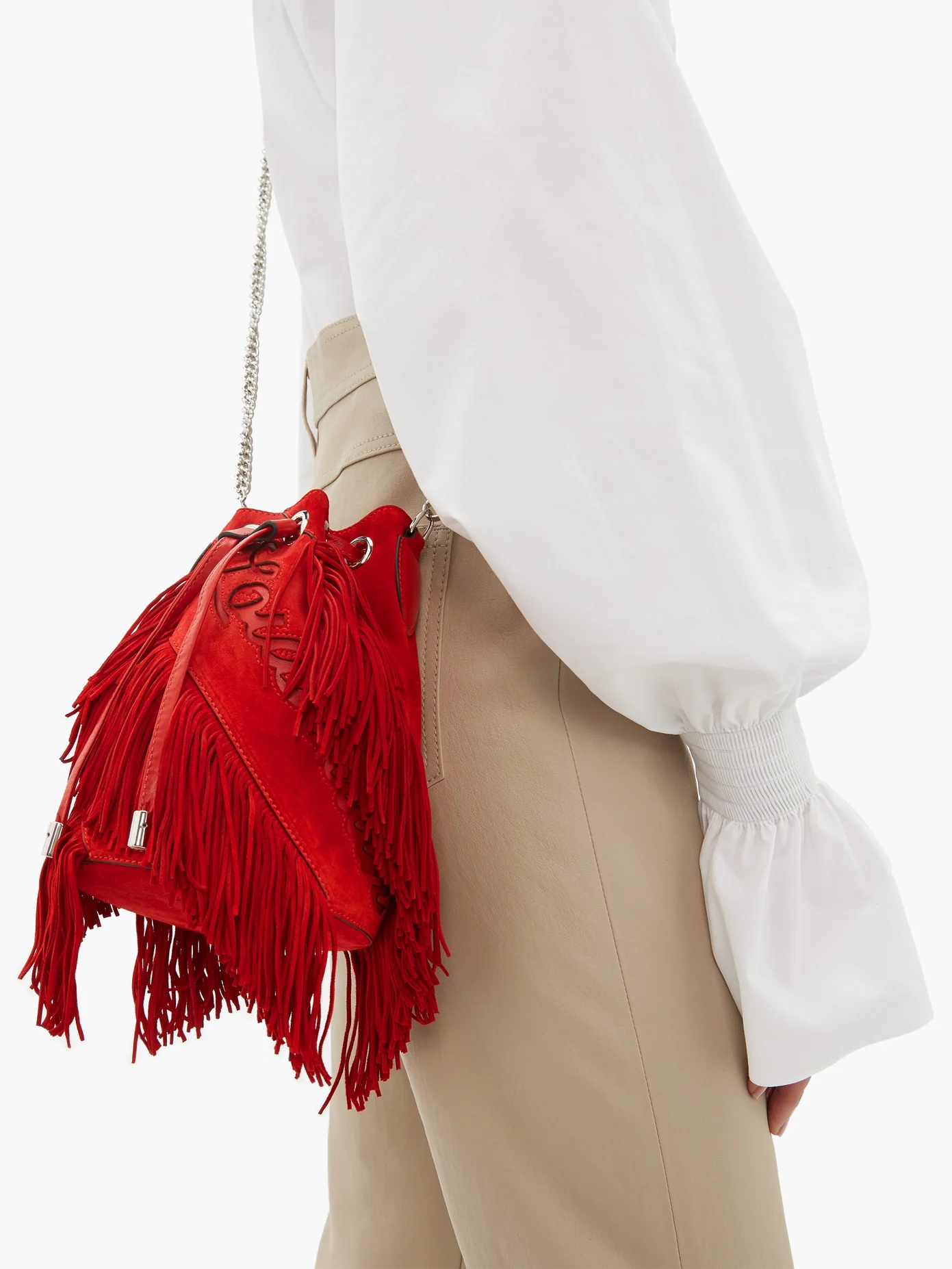 Marie-Jane laser-cut logo fringed suede bucket bag - 3