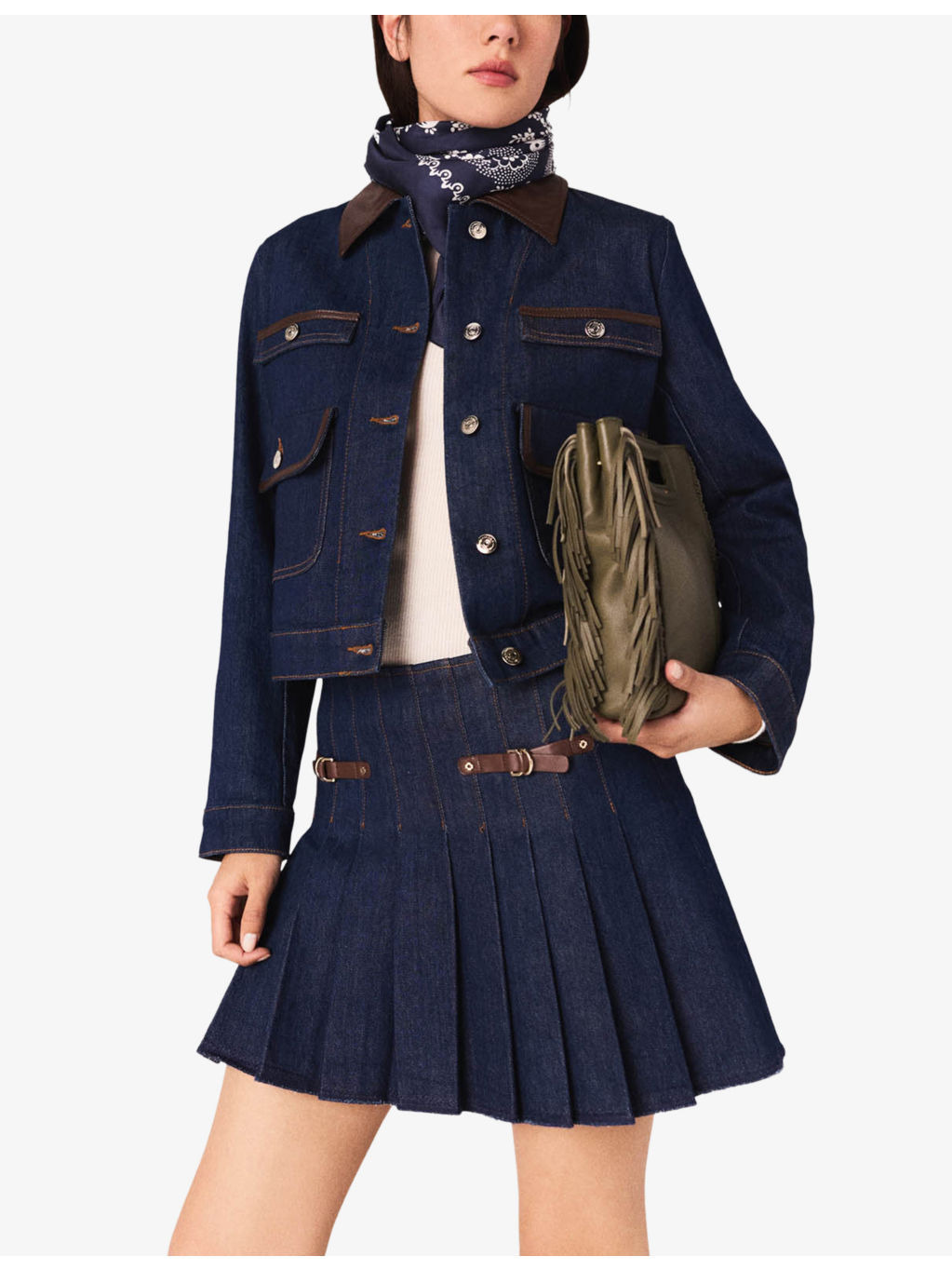 Contrast-Trim Pleated Stretch-Denim Mini Skirt - 3