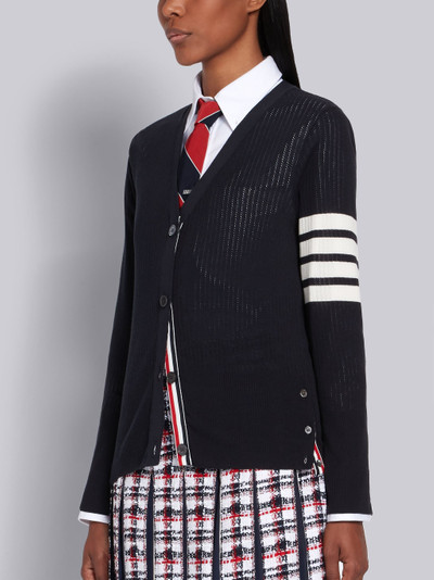 Thom Browne Navy Silk Cotton Blend Mesh Stitch V-Neck 4-Bar Cardigan outlook