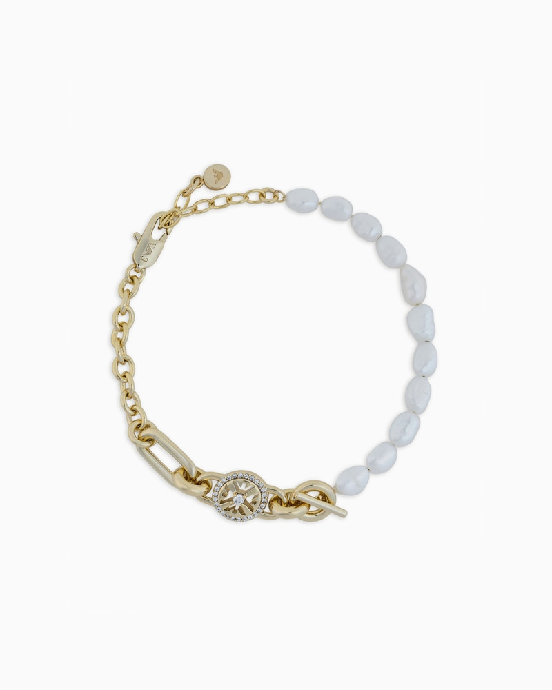 GOLD-TONE BRASS AND WHITE FRESH WATER PEARLS STATION BRACELET 1