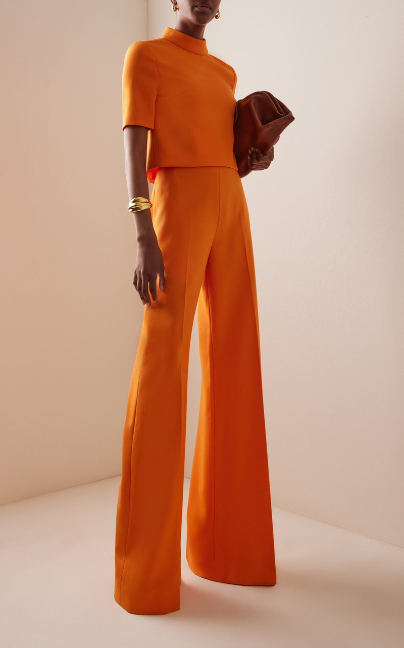 CAROLINA HERRERA High-Rise Bi-Stretch Wool Tailored Wide-Leg Pants orange outlook