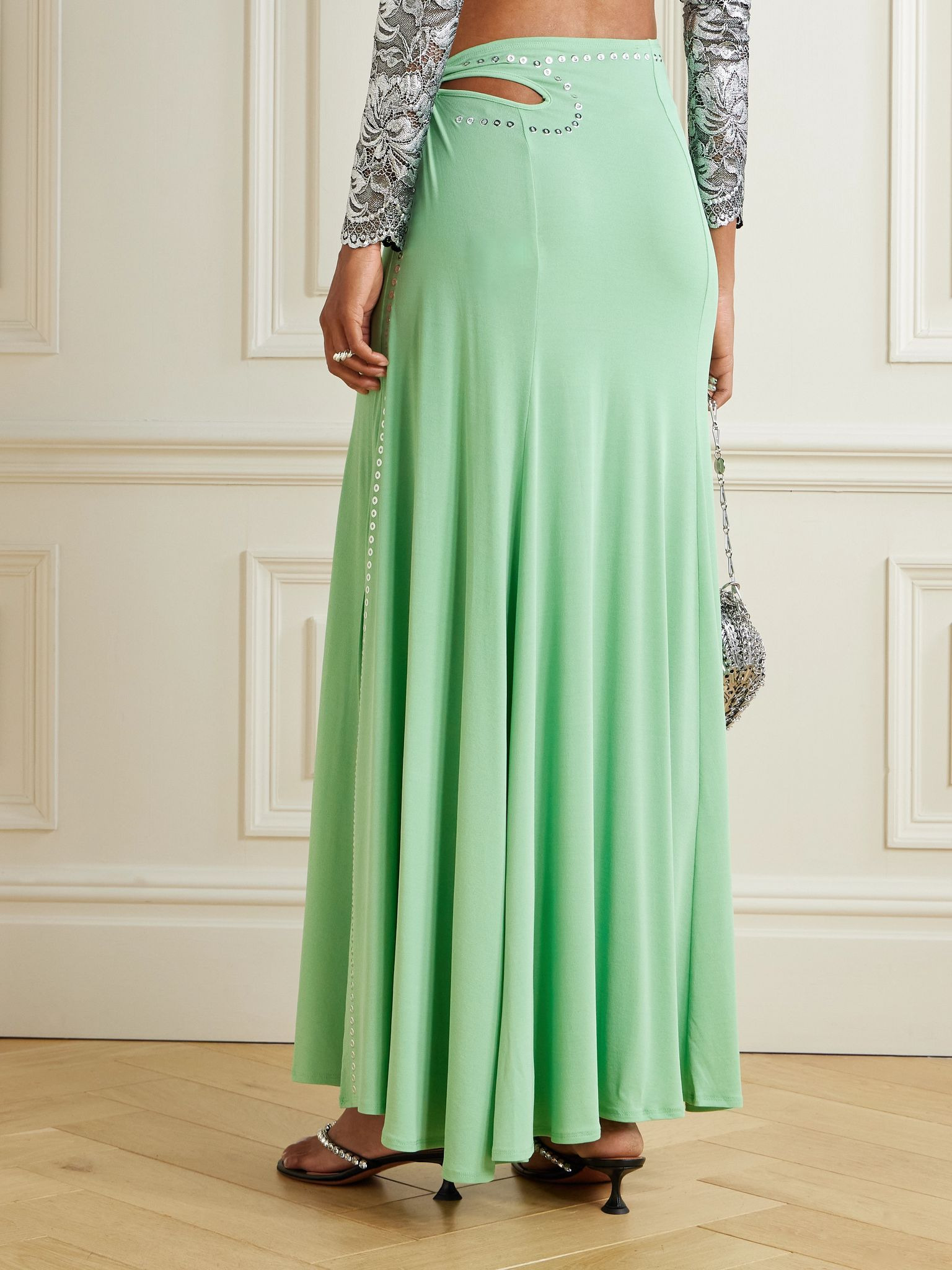 Studded gathered cutout jersey maxi skirt Light green - 3
