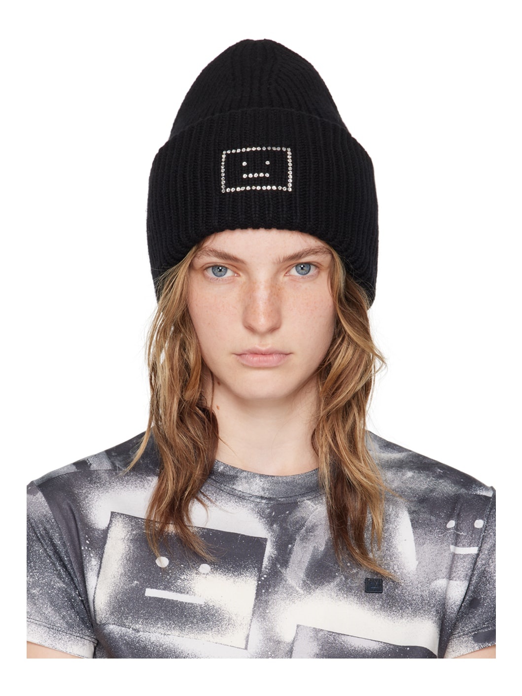 Black Large Face Logo Beanie - 1