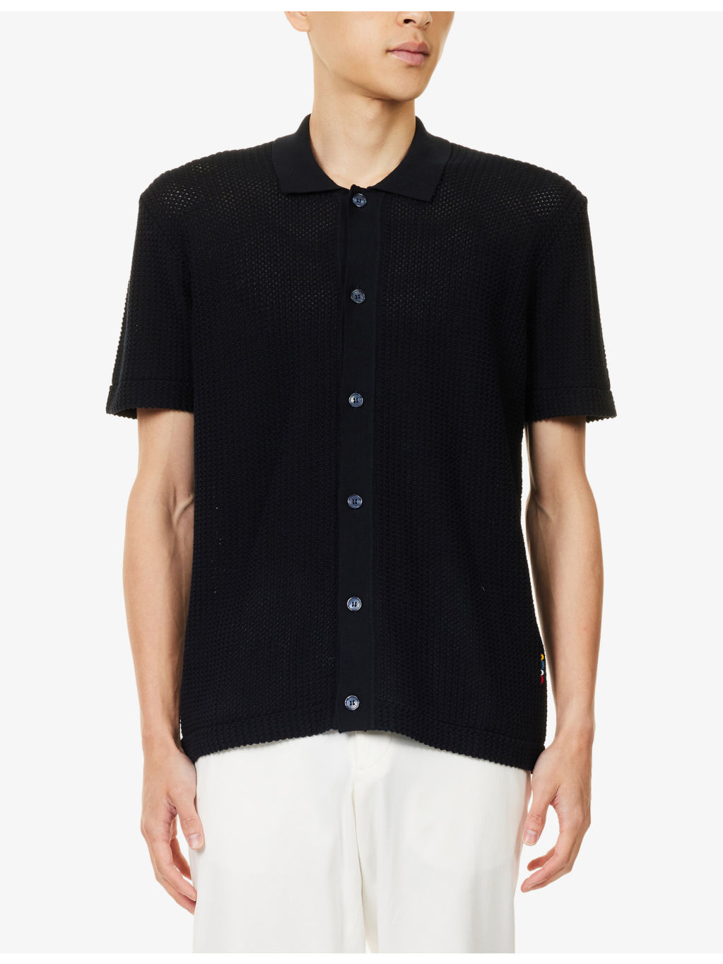 Short-Sleeve Semi-Sheer Crochet Knitted Polo Top - 3