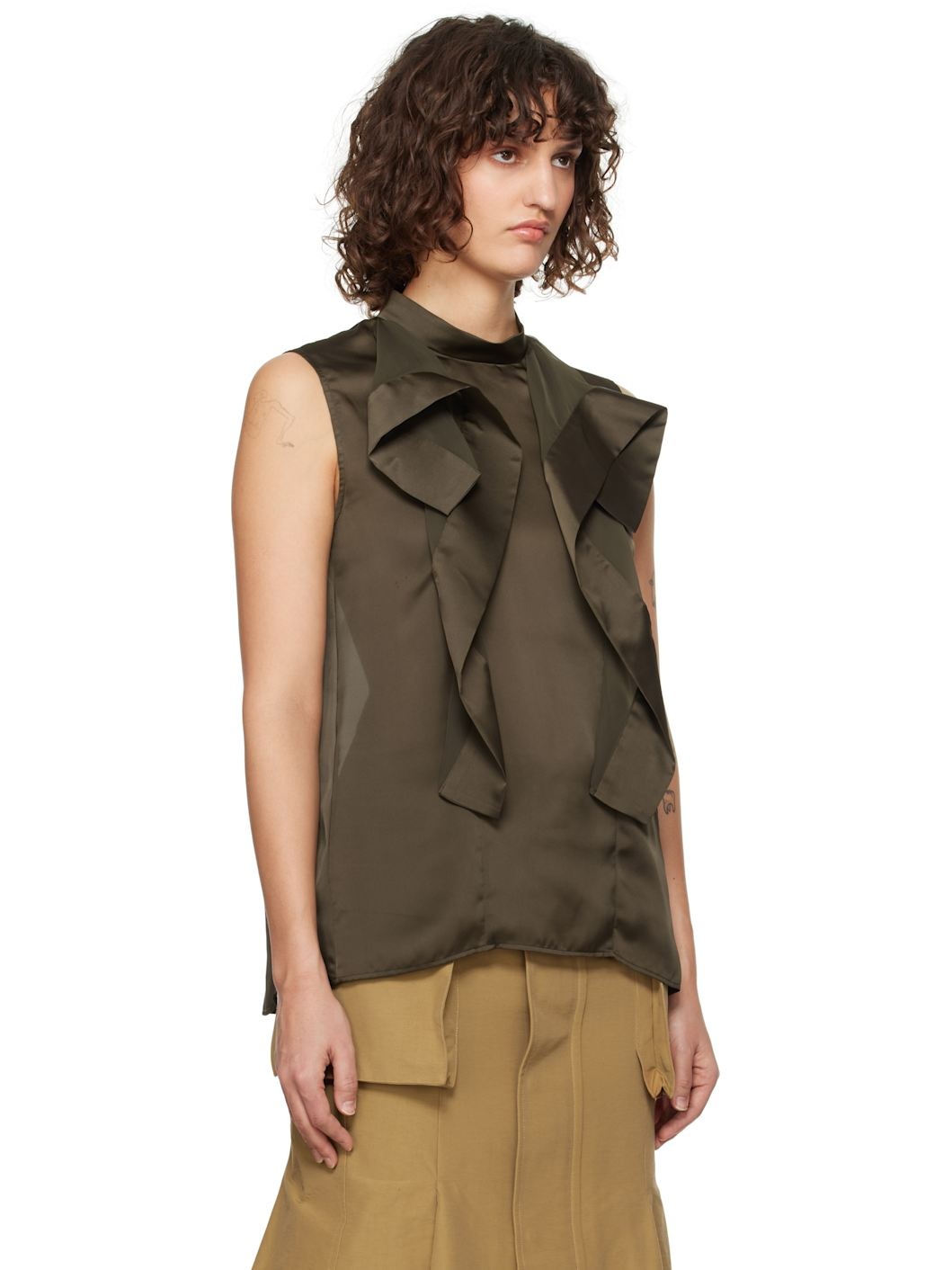 Khaki Satin & Chiffon Blouse - 2