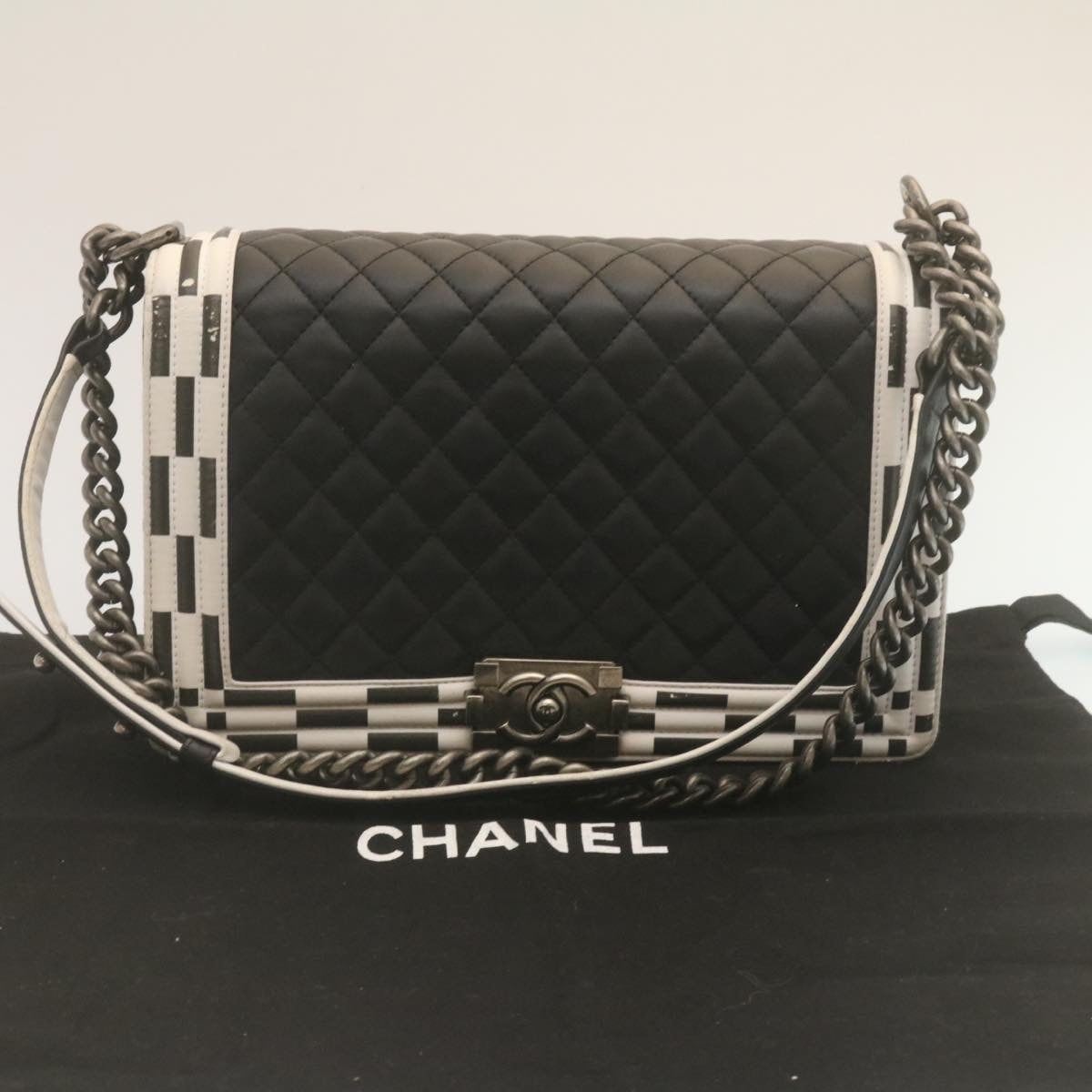 CHANEL Matelasse Boy CHANEL Chain Shoulder Bag Lamb Skin Black CC - 12