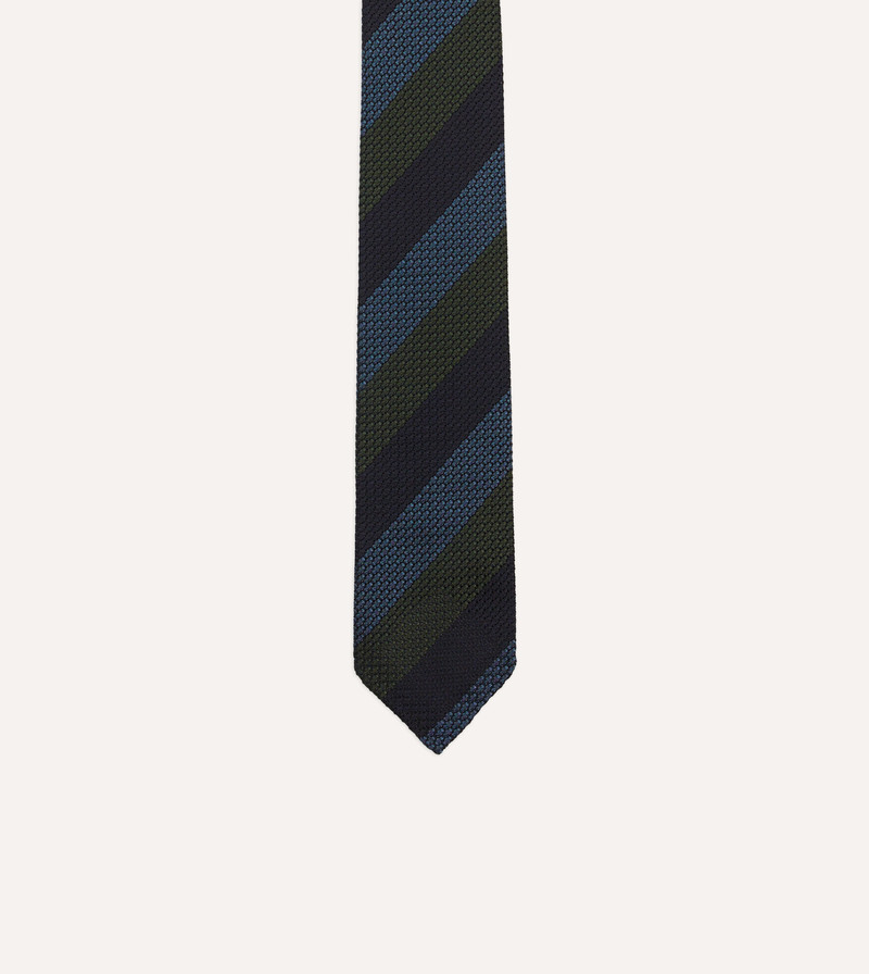 Navy, Green and Blue Block Stripe Hand Rolled Silk Grenadine Tie 3