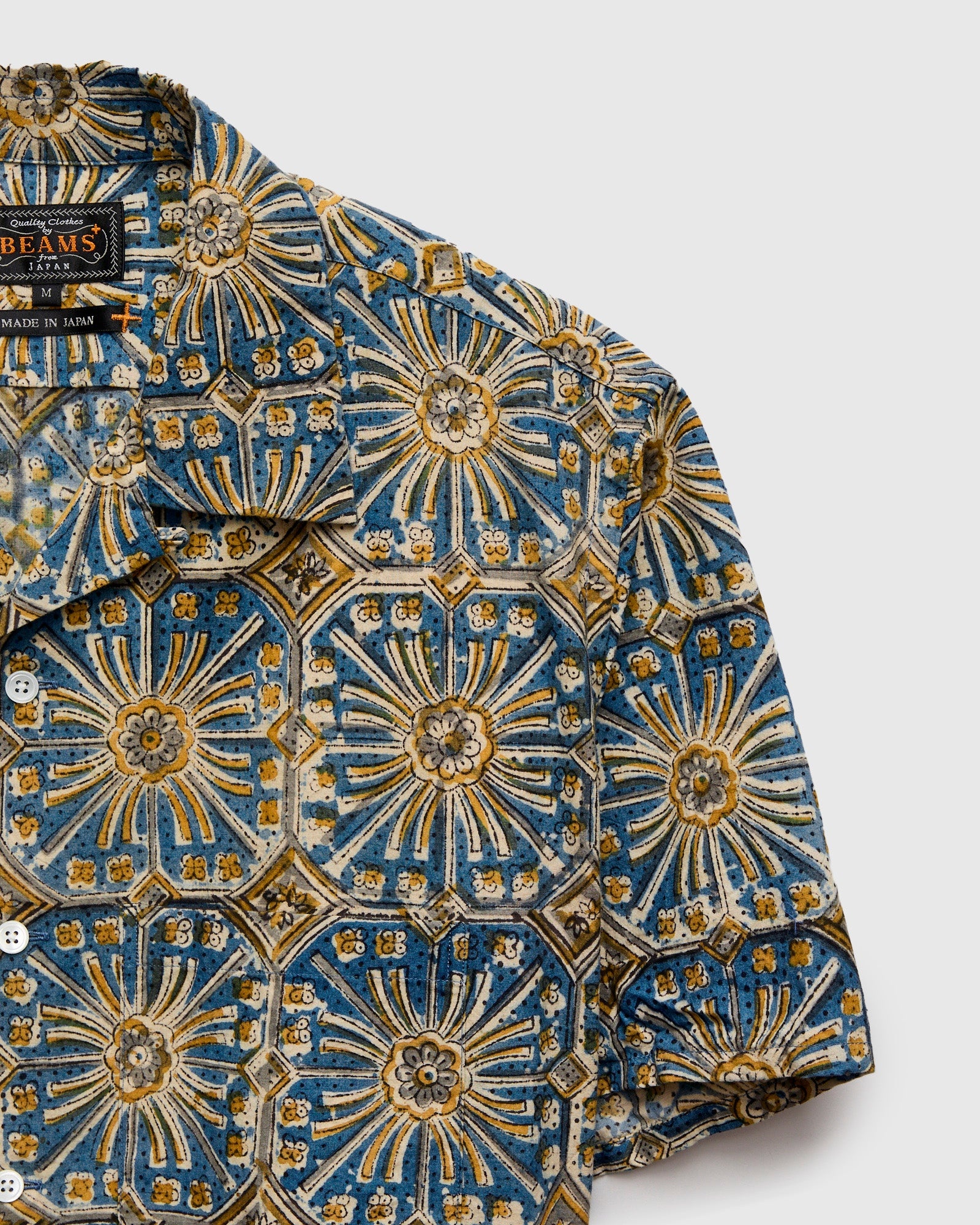 Floral Stamp Block Print Open Collar Shirt in Yellow - 4