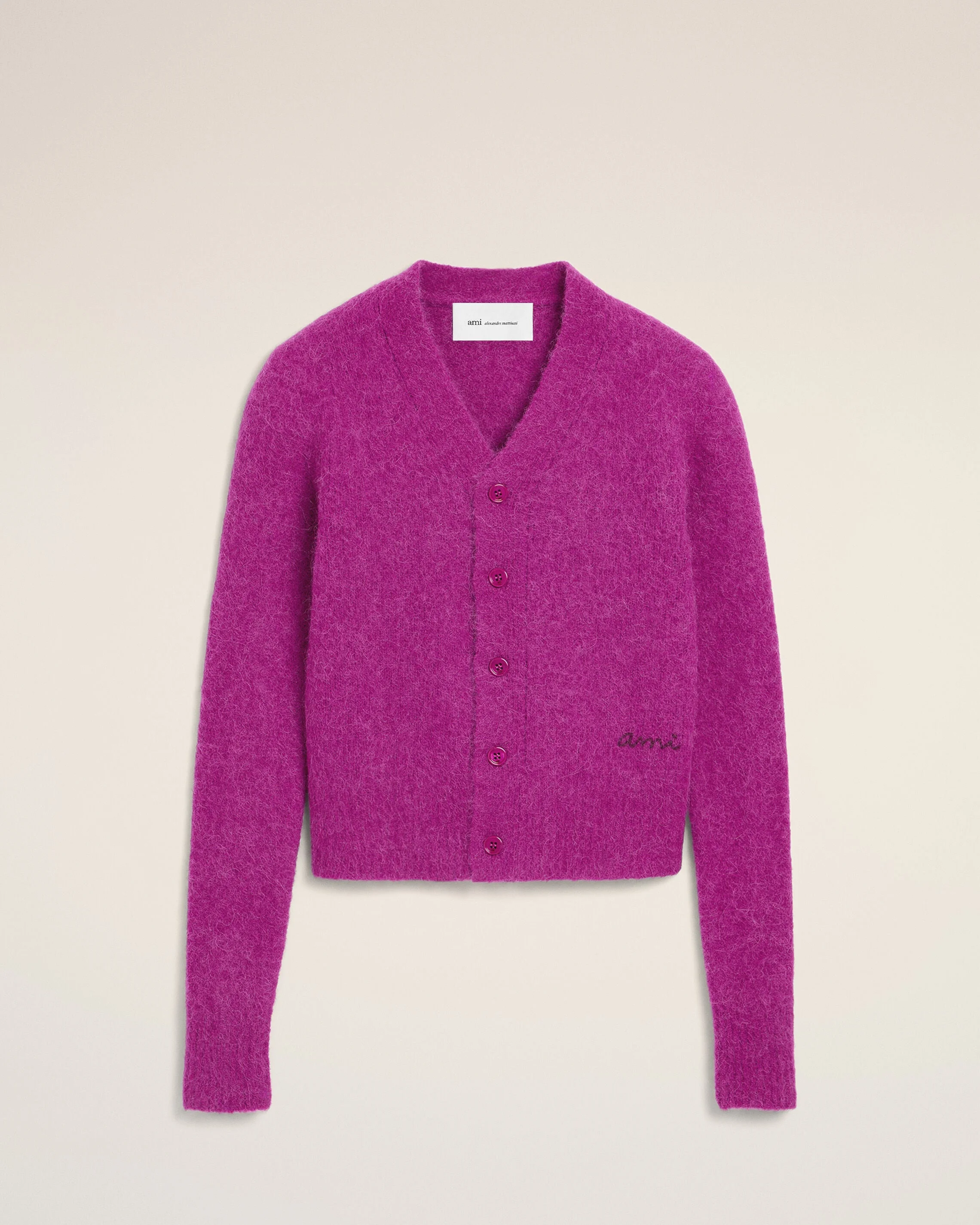 PURPLE WOOL AND ALPACA CARDIGAN WITH AMI EMBROIDERY - 1