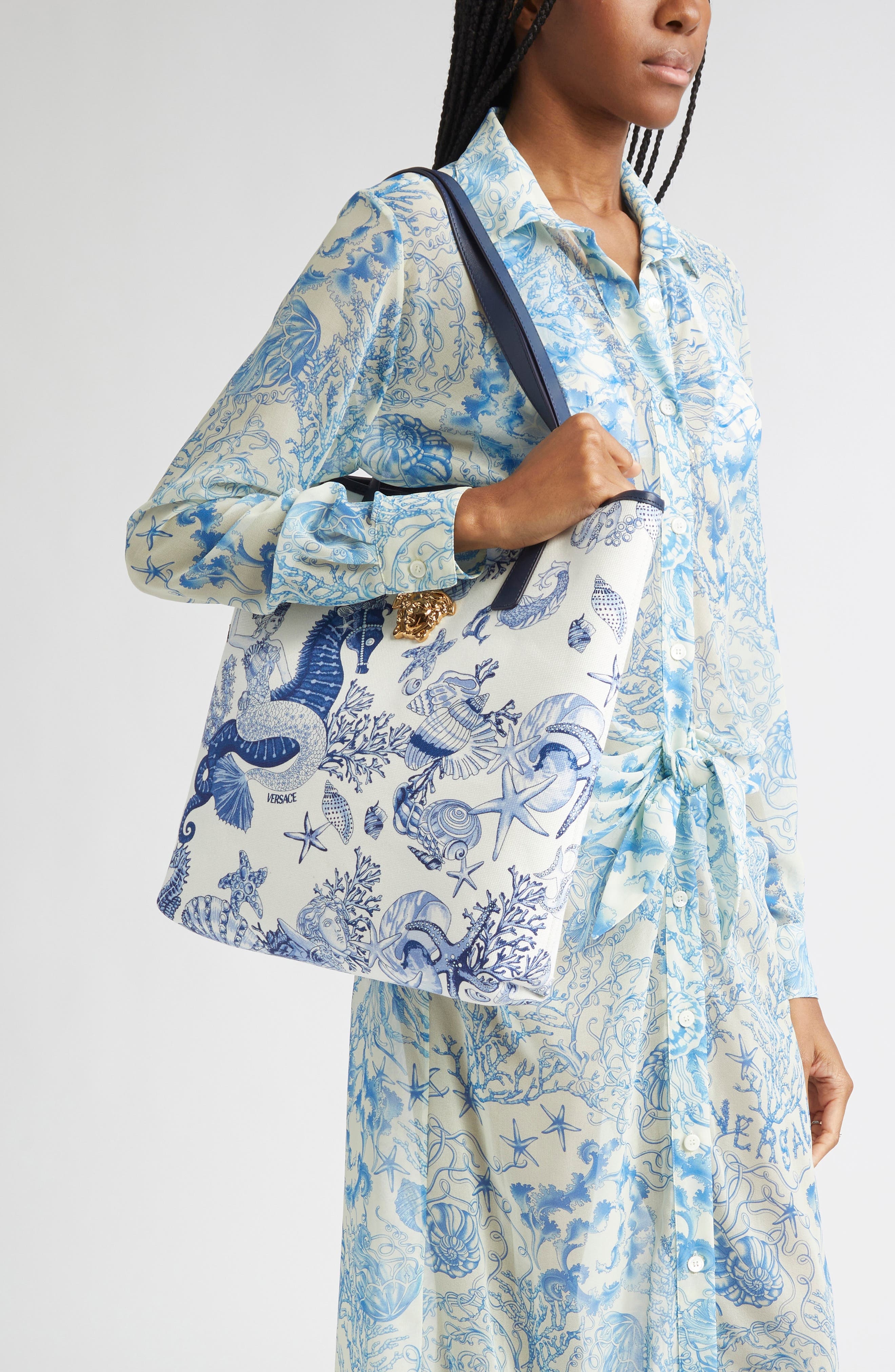 Versace Coral Theater Print Canvas Tote in White Blue Versace Gold at Nordstrom - 2