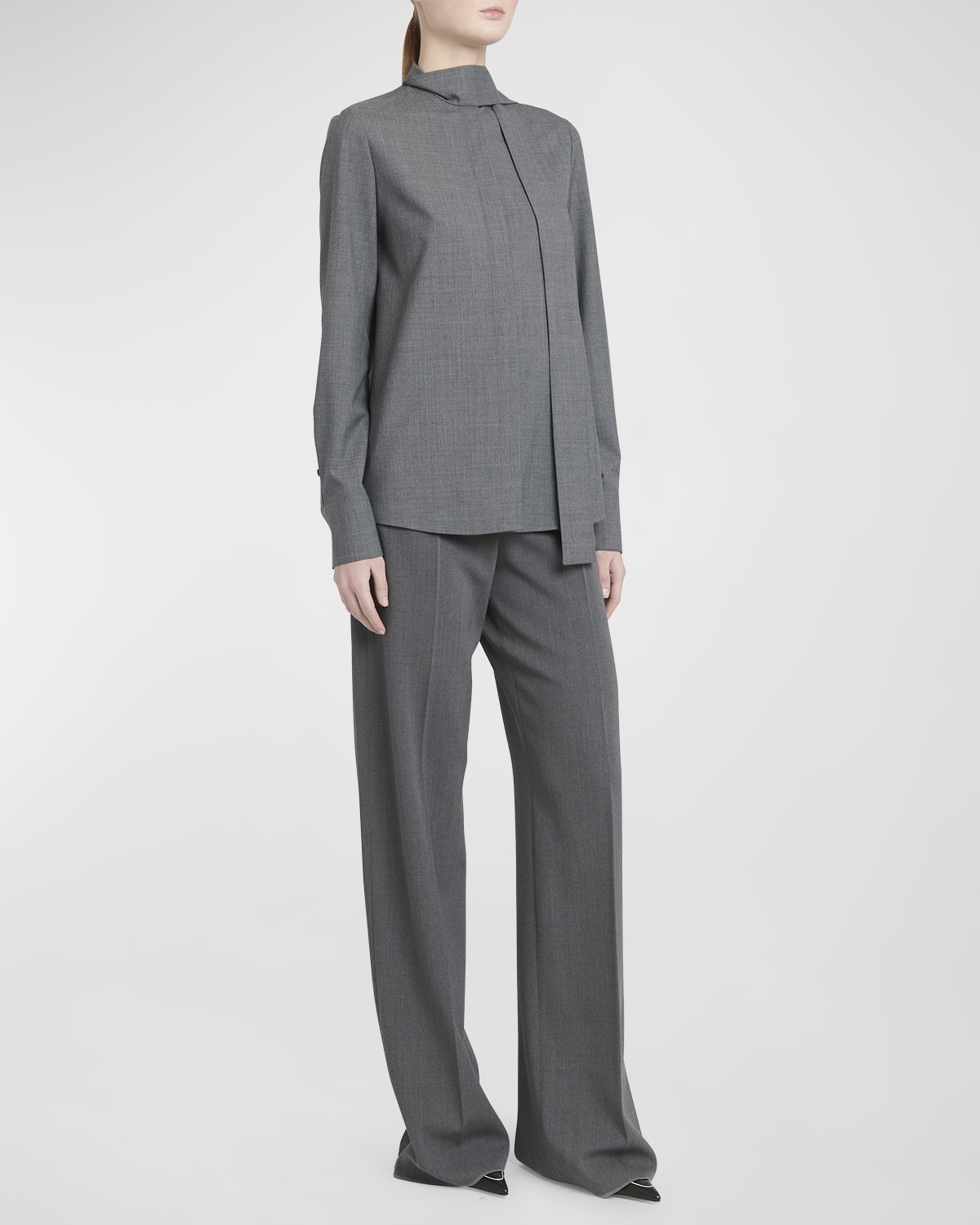 Solid Superfine Wool Blouse with Tie Neckline - 3