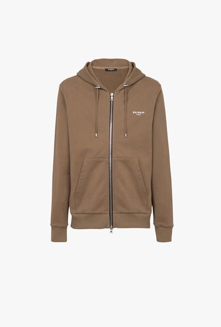 Taupe eco-designed cotton sweatshirt with small flocked white Balmain logo - 1