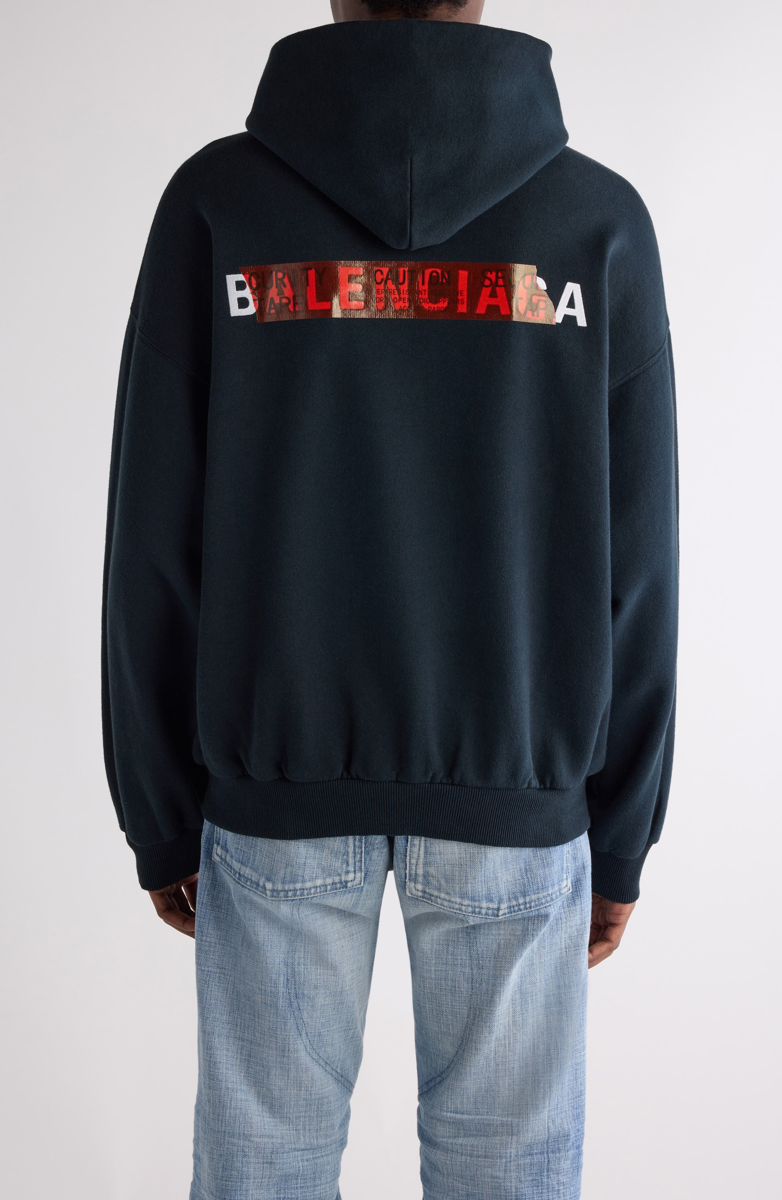 Balenciaga Medium Fit Taped Logo Graphic Hoodie in Faded Black/White/Red at Nordstrom - 3
