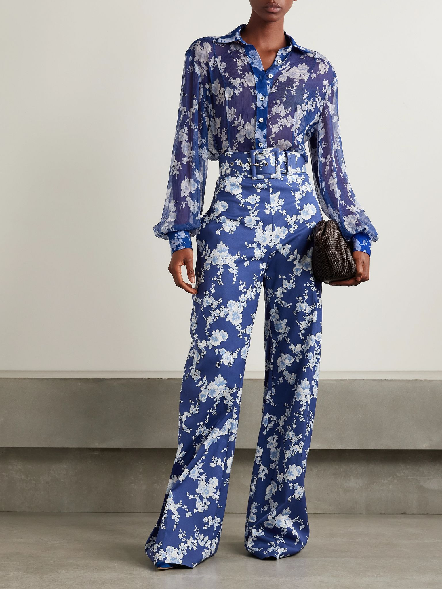 Floral-print twill wide-leg pants Bright blue - 2