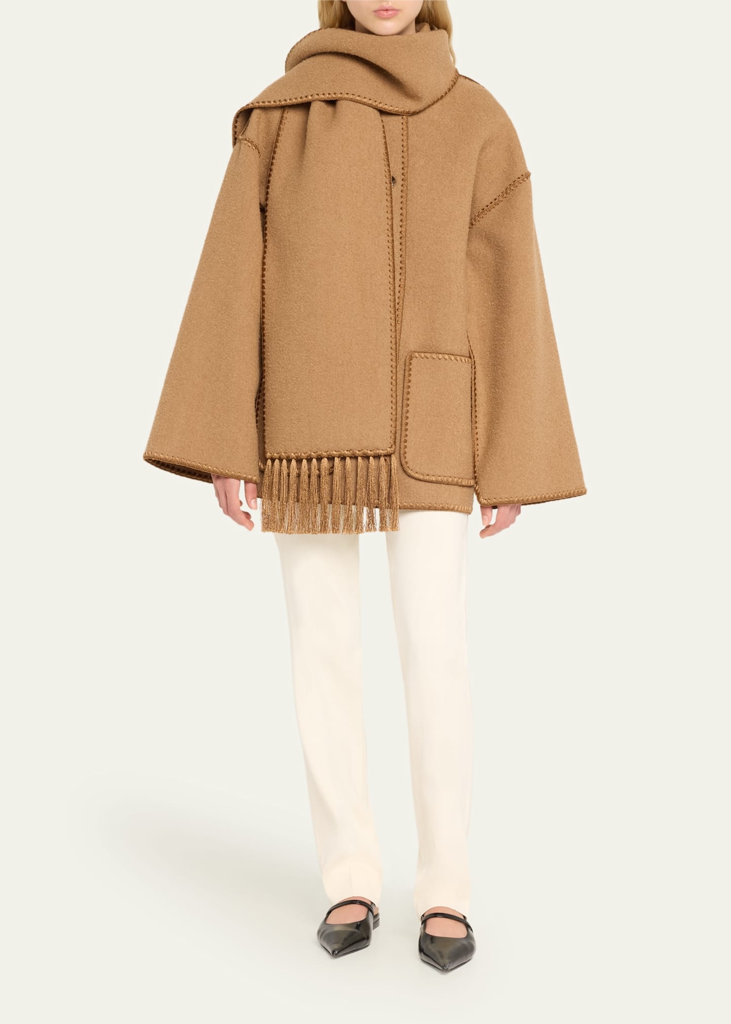 Fringe Embroidered Scarf Wool Jacket - 2