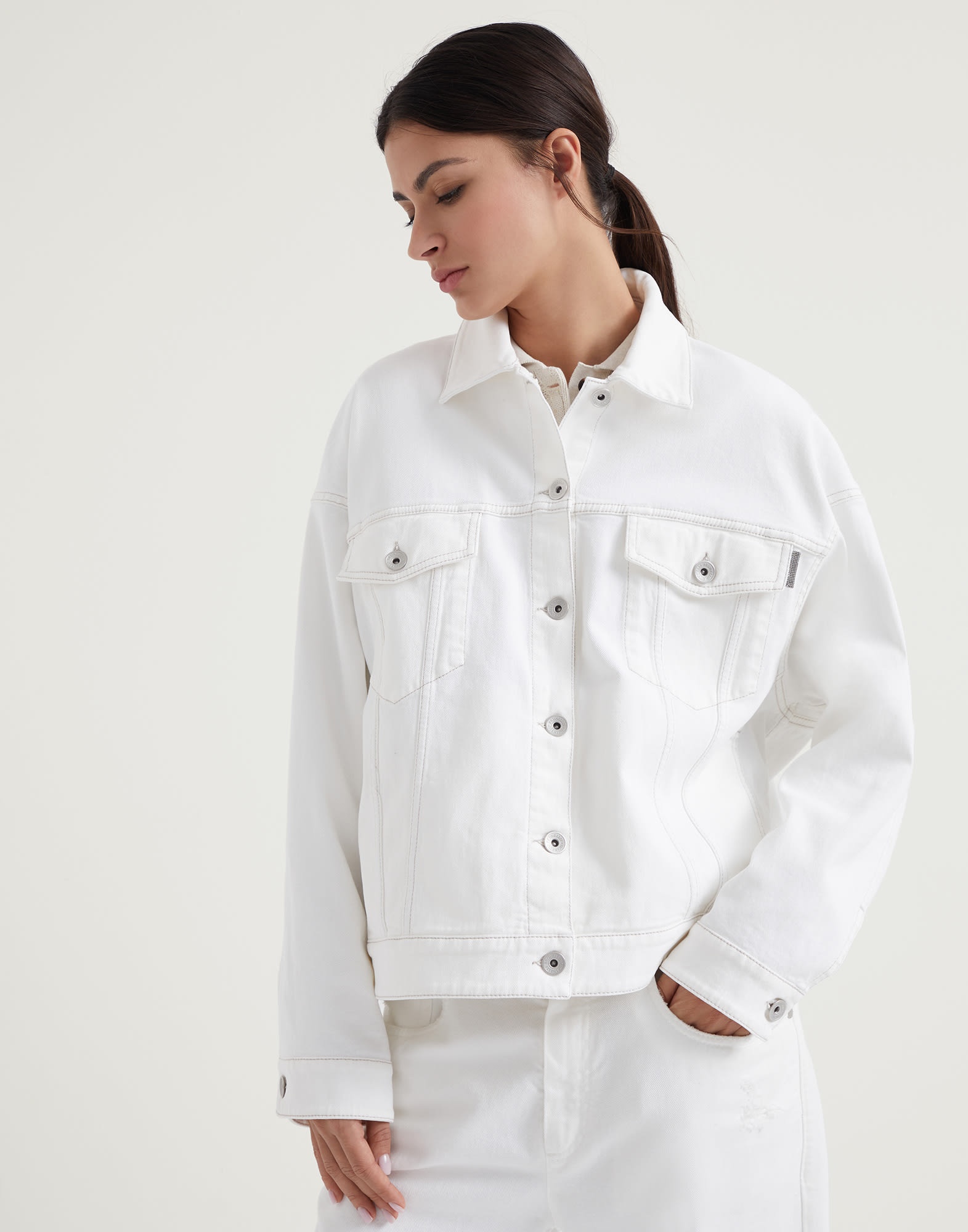 Garment-dyed comfort denim four-pocket jacket with shiny tab - 1