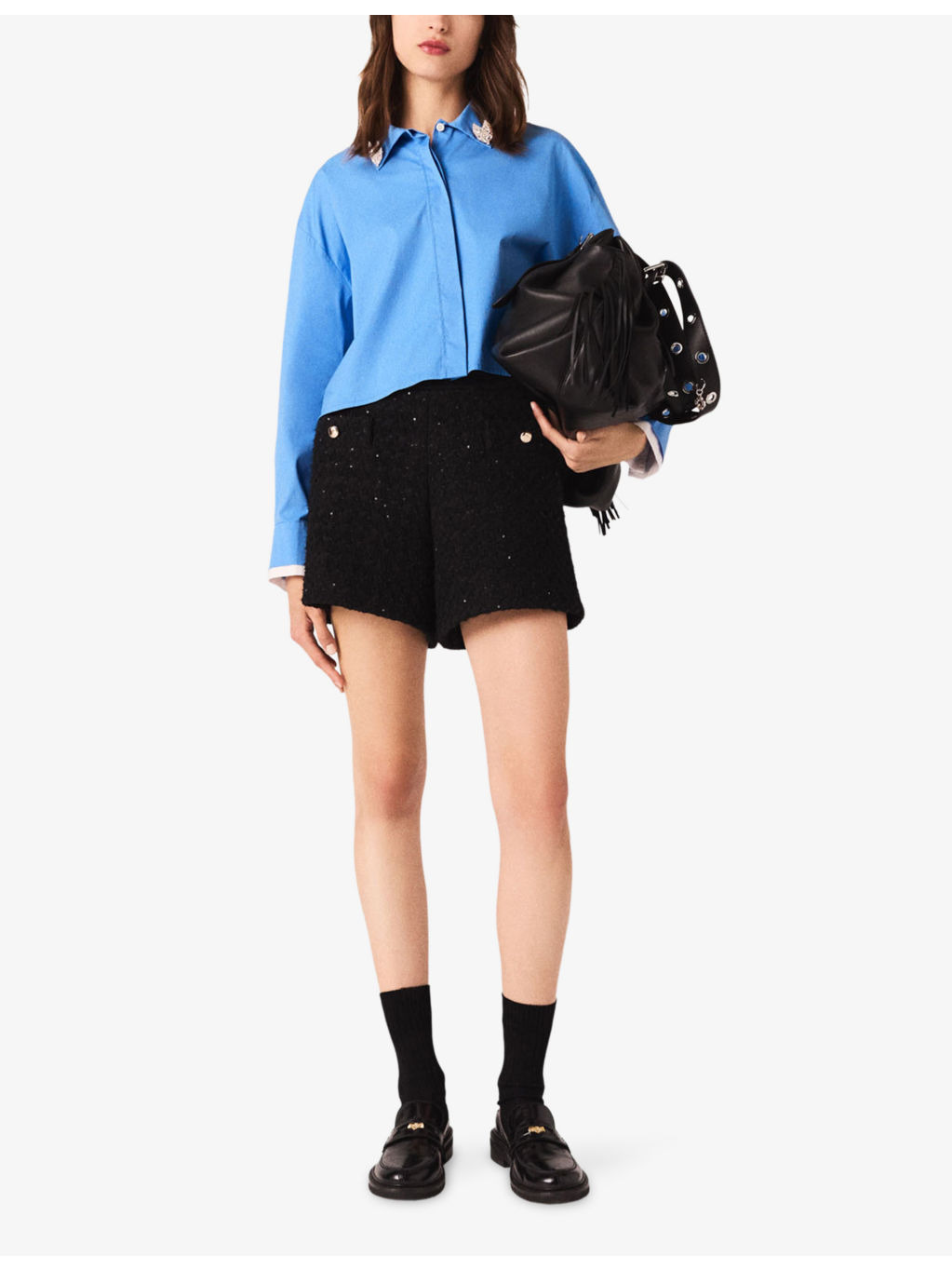 Rhinestone-Embellished Mid-Rise Tweed Shorts - 2
