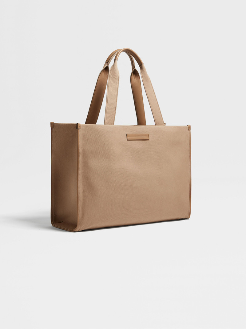 DARK BEIGE COTTON AND LEATHER TOTE BAG E/W 3