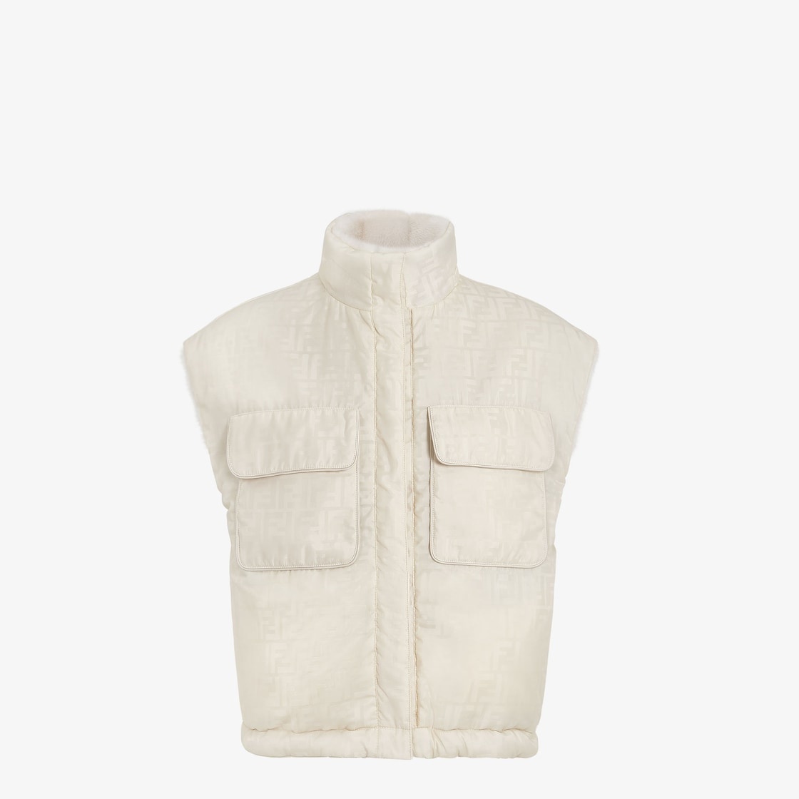 Short reversible vest with high collar and drawstring hem. One side has zipper pockets, the other hi - 4