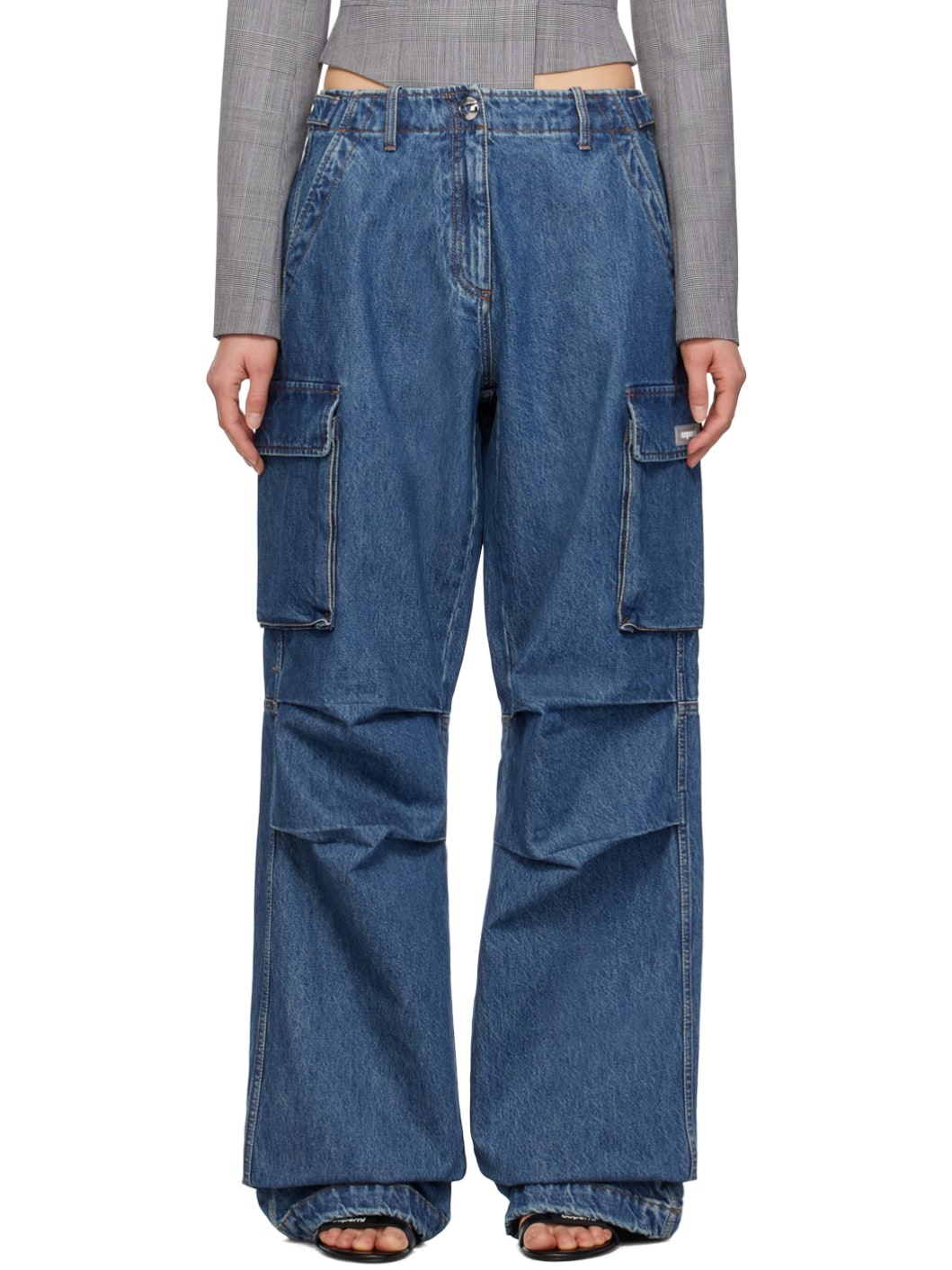 Blue Wide Leg Denim Cargo Pants - 1