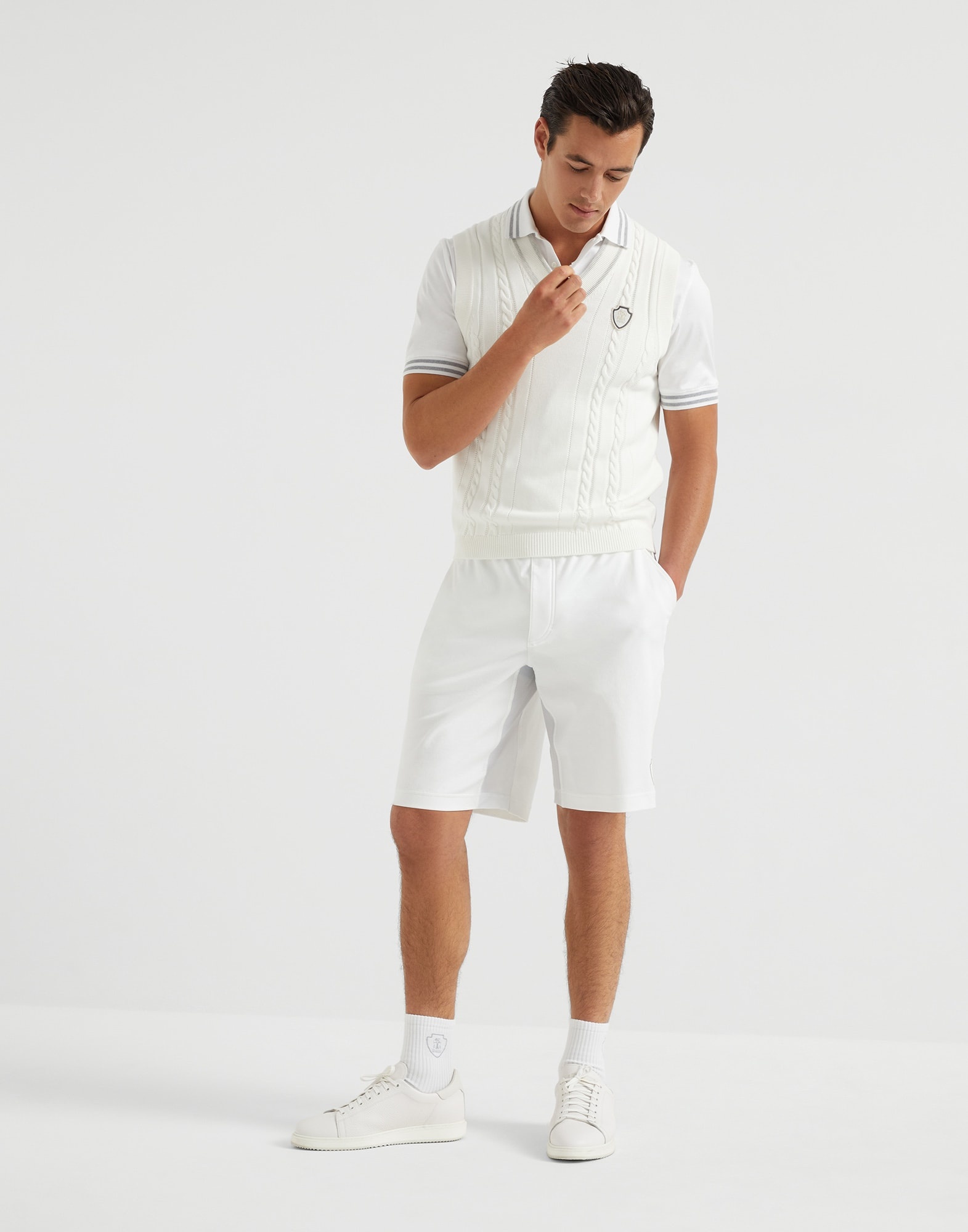 Cotton jersey polo shirt with striped collar and logo - 5