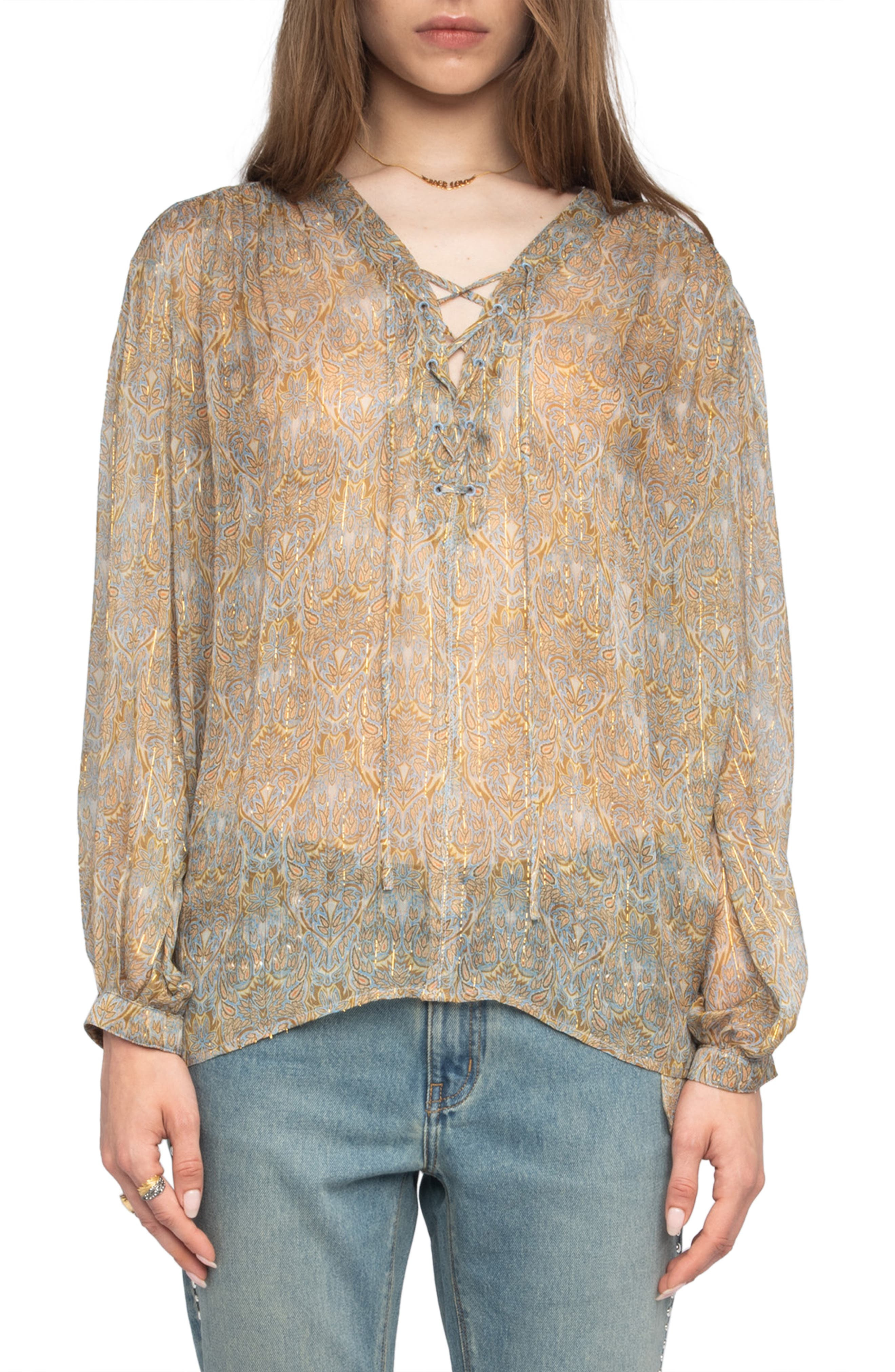 Zadig & Voltaire Tamela Mousseline Metallic Paisley Sheer Top in Cloud at Nordstrom - 1