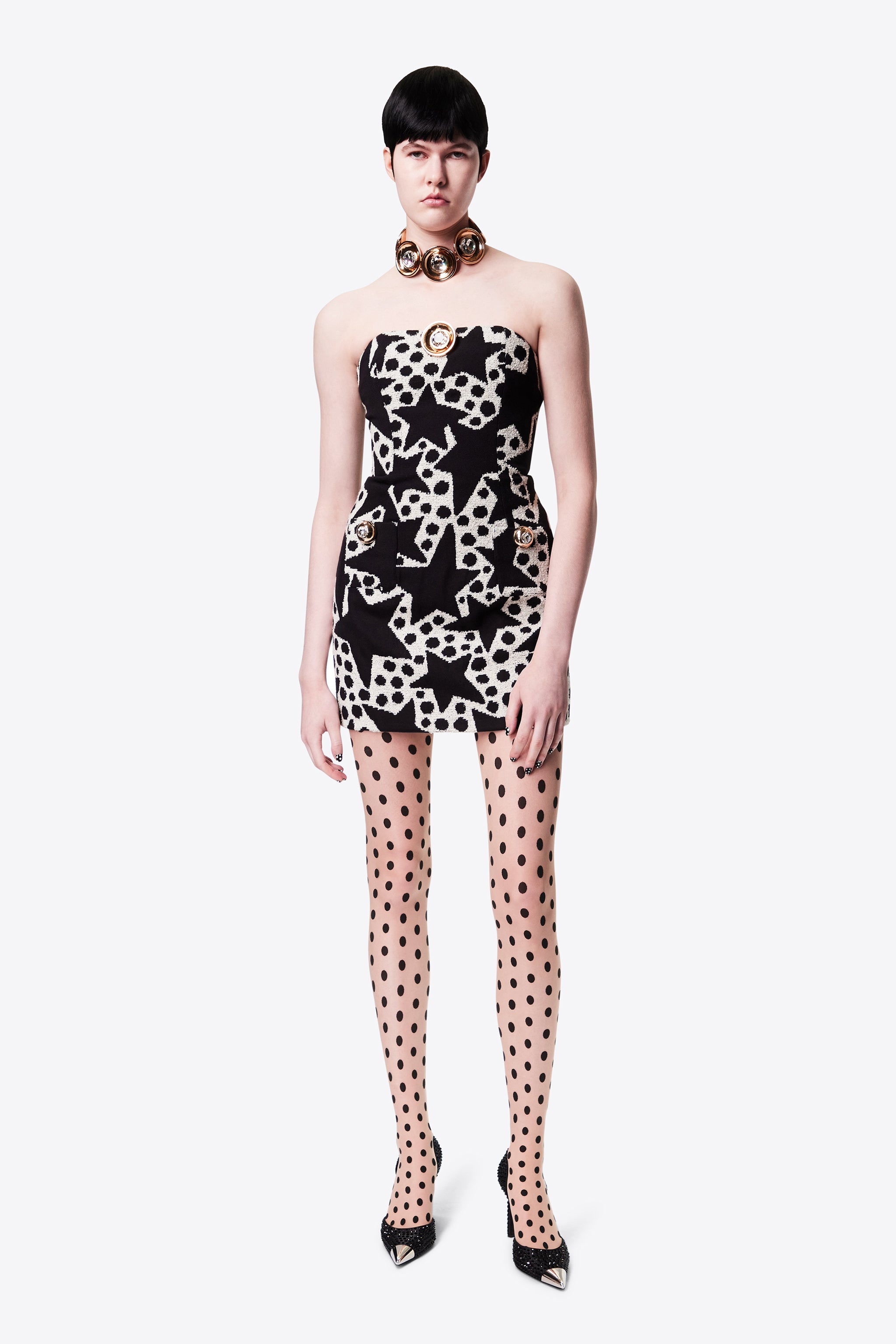 CRYSTAL MEDALLION STRAPLESS MINI DRESS - 3