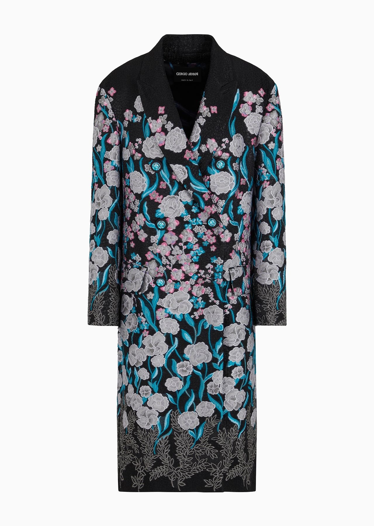 Double-breasted long coat with trailing floral embroidery - 1