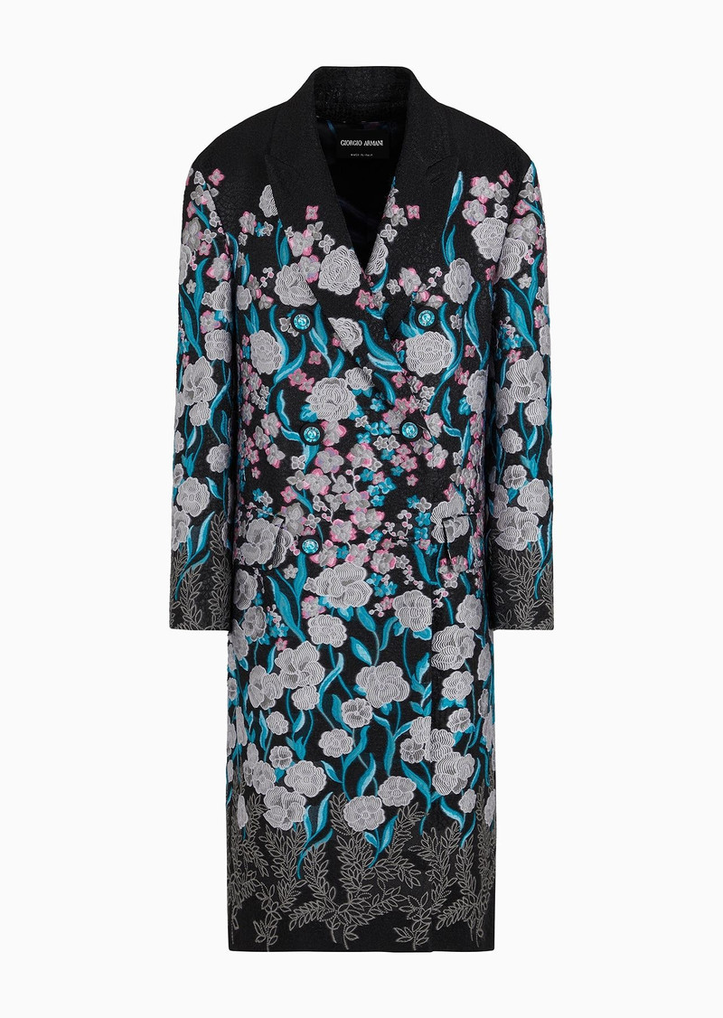 Double-breasted long coat with trailing floral embroidery 1