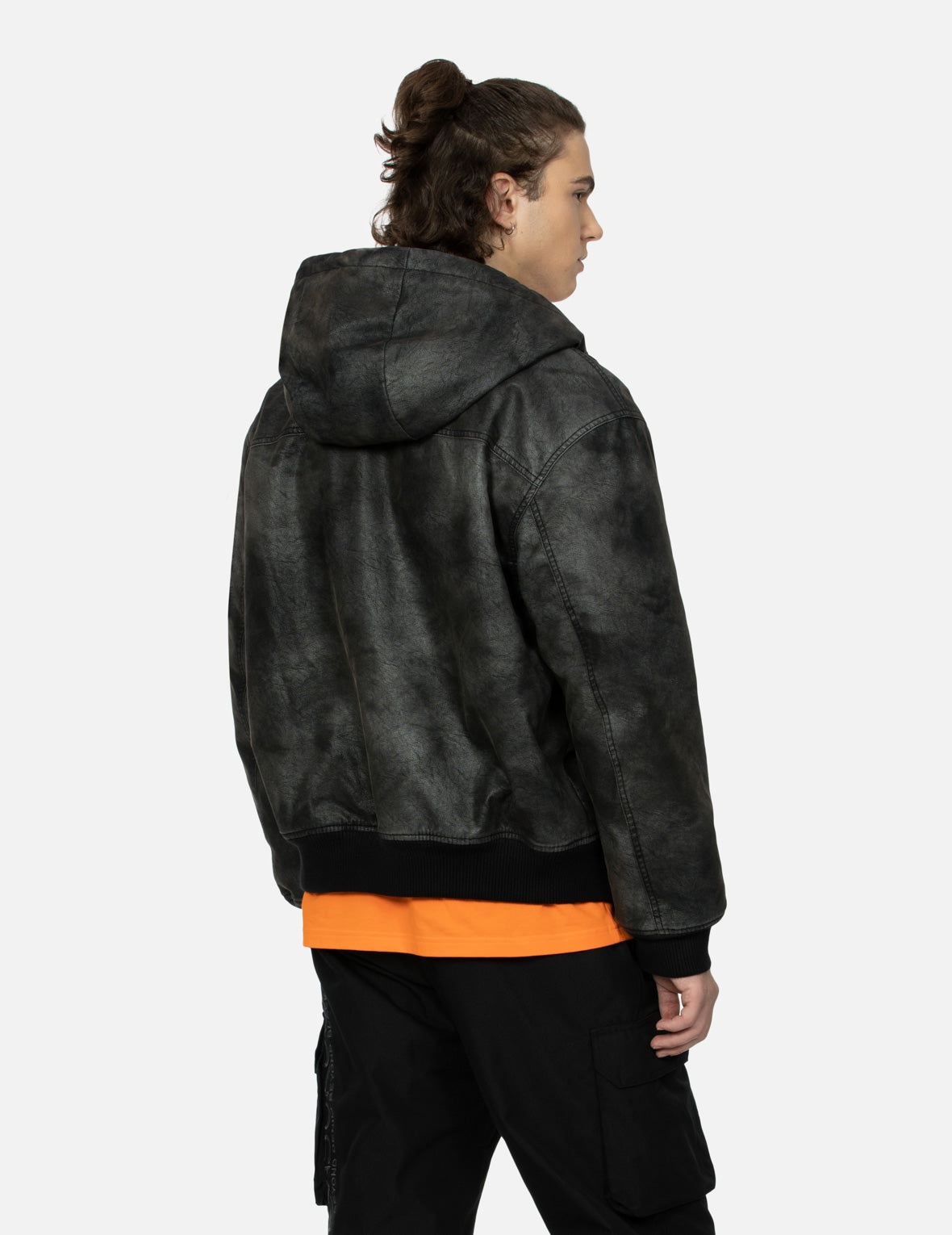 Hooded Grain Pattern Regular Fit Leather Bomber Jacket - 8