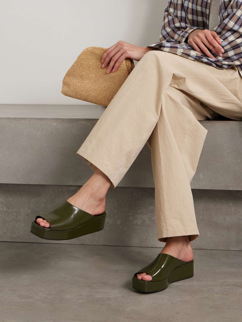 The Row Emi glossed-leather platform slides Army green outlook