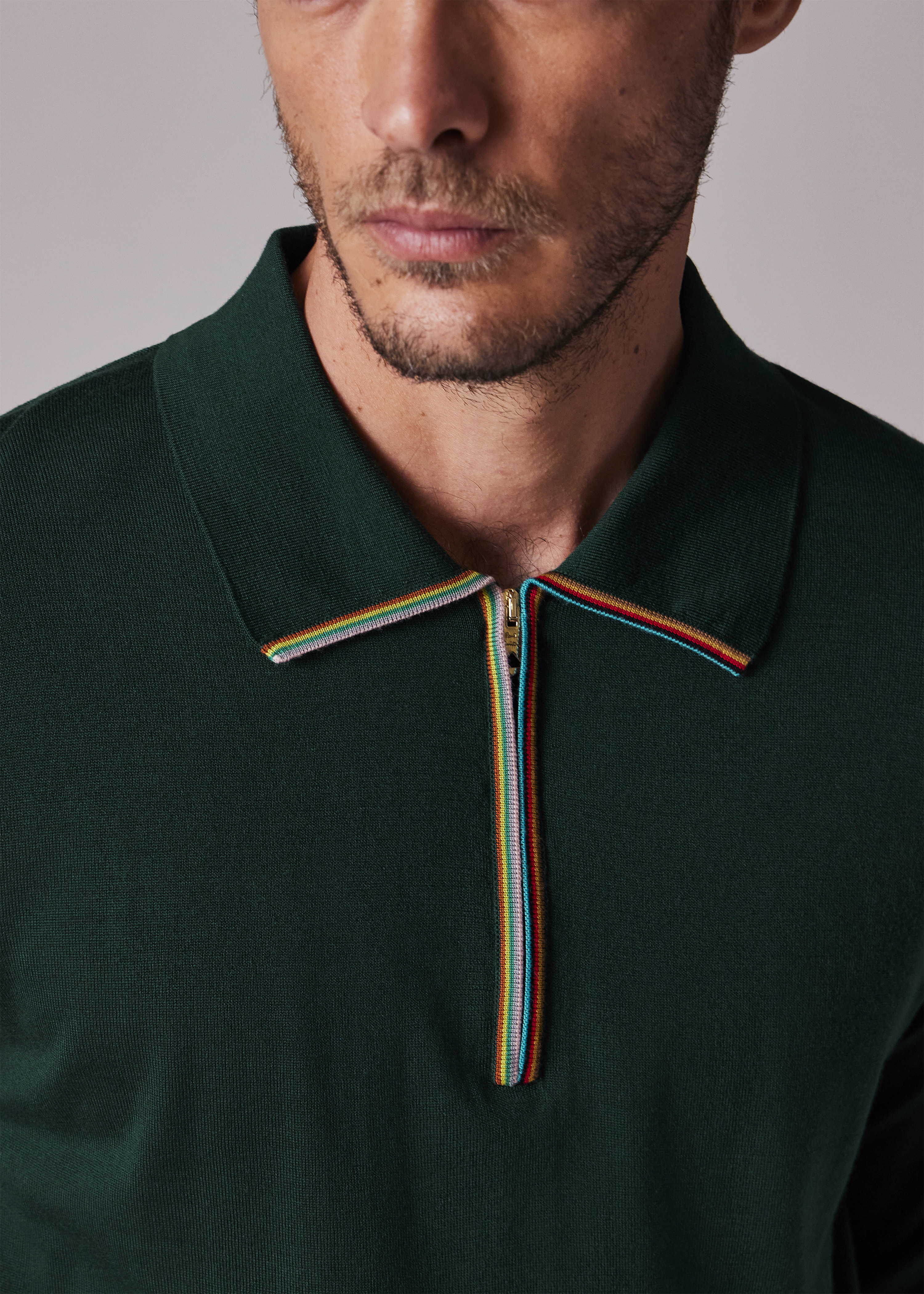 Dark Green 'Signature Stripe' Zip Trim Merino Wool Polo Shirt - 5