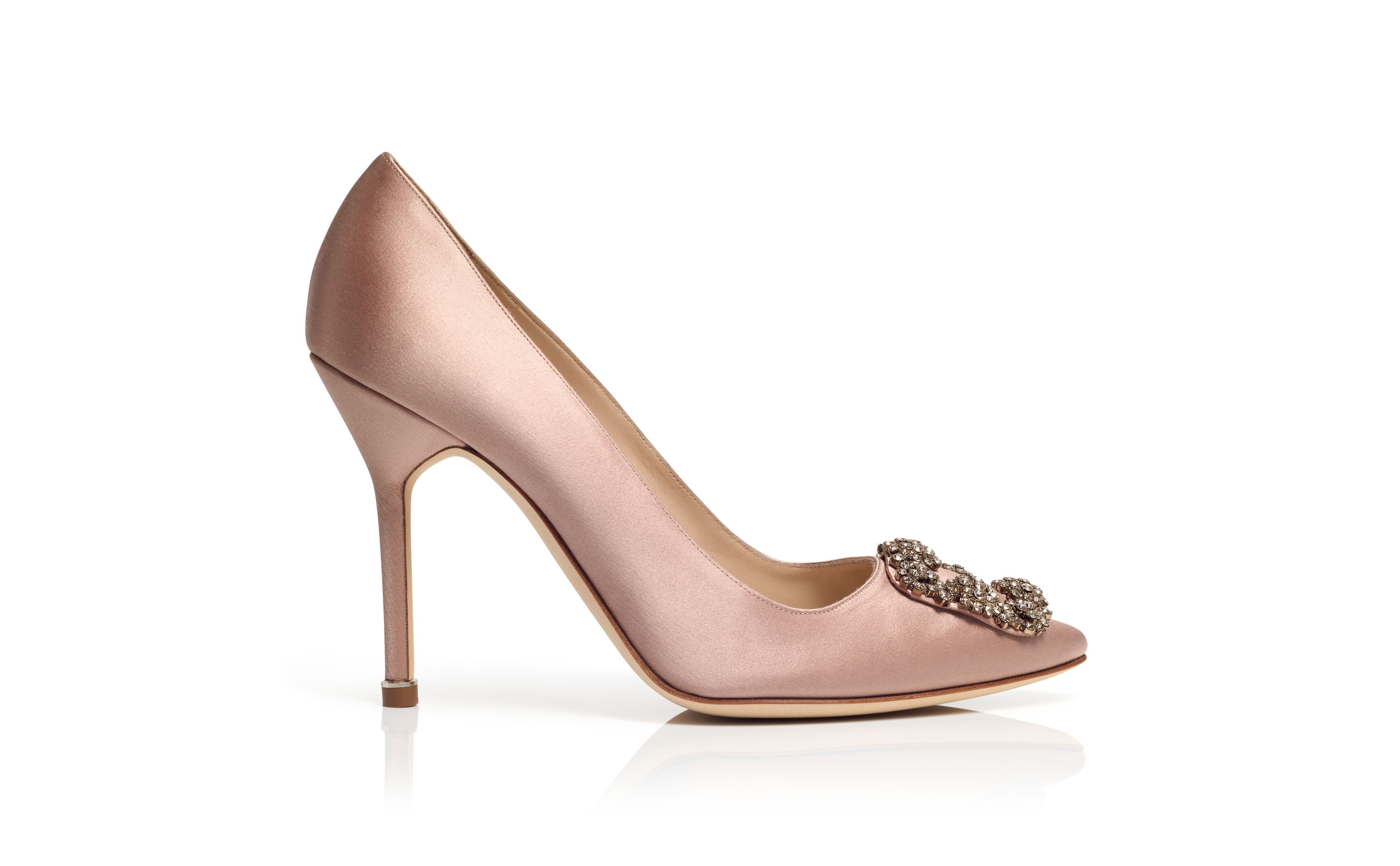 Beige Satin Jewel Buckle Pumps - 1