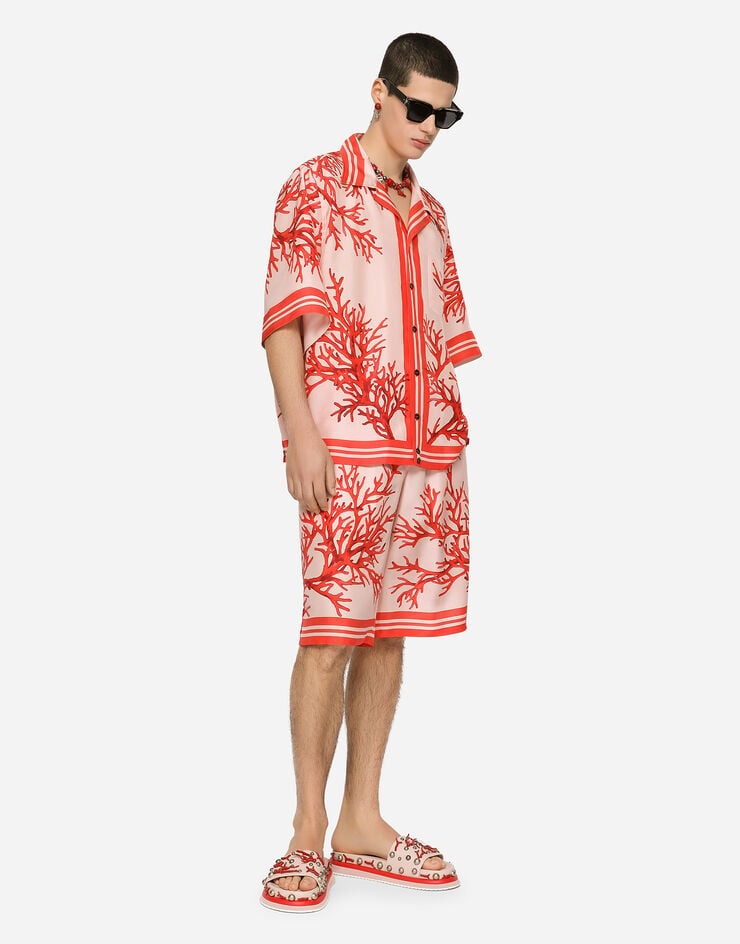 Silk habotai Hawaiian shirt with coral print - 5