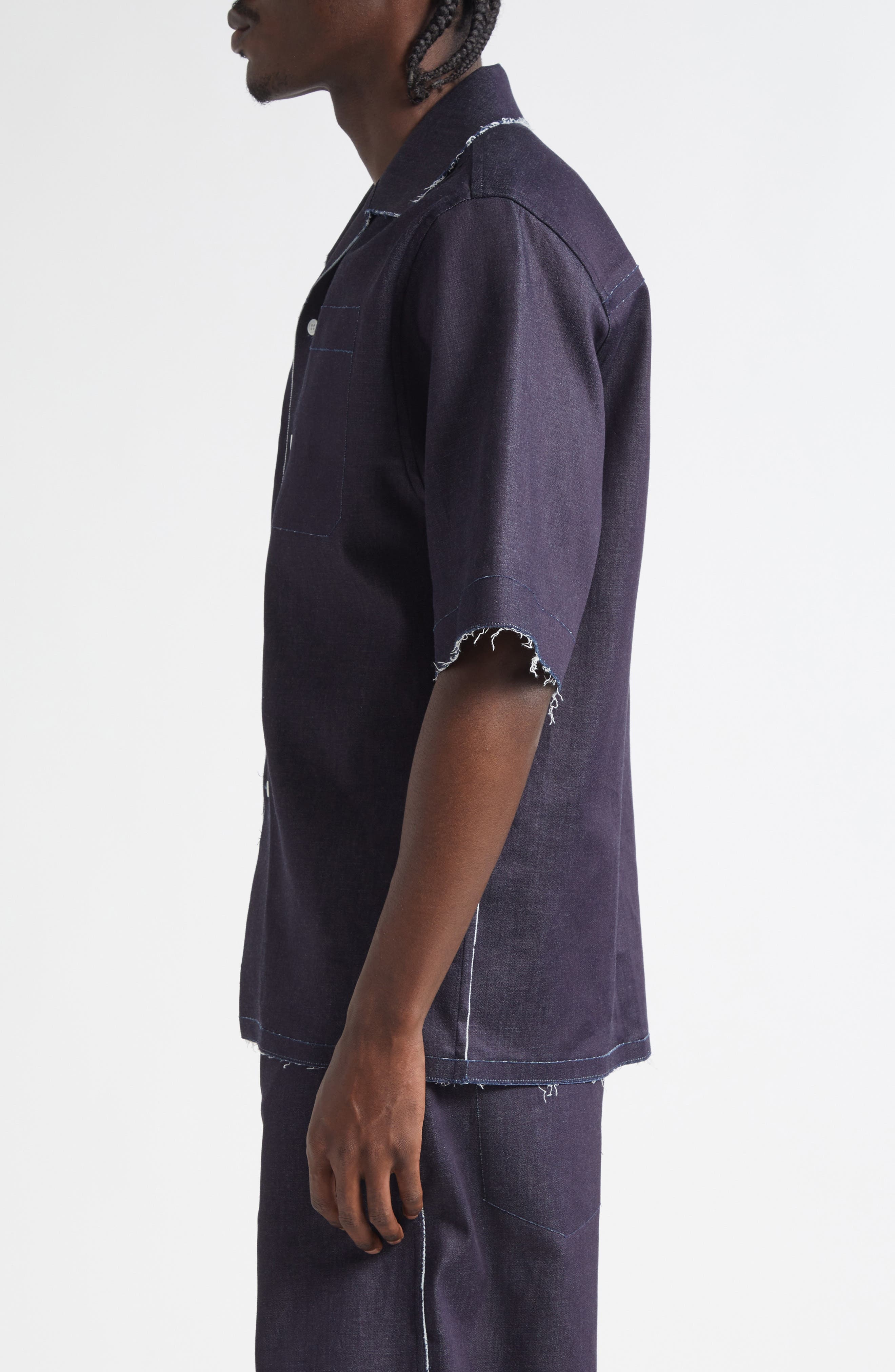 Marni Trompe l'Oeil Stretch Denim Bowling Shirt in Unb99 Blue/Black at Nordstrom - 3