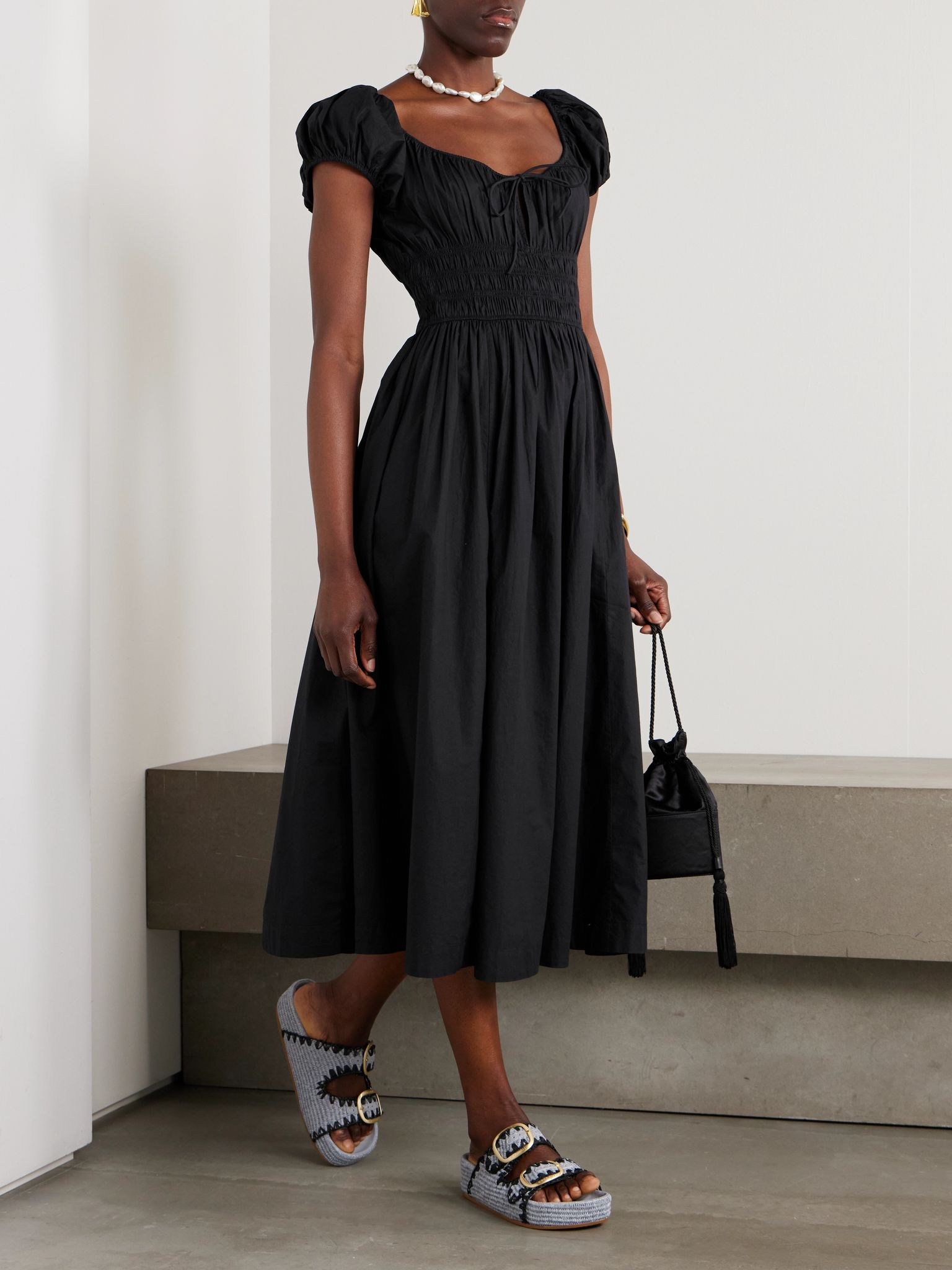 Quinn tie-detailed shirred organic cotton-poplin midi dress Black - 2
