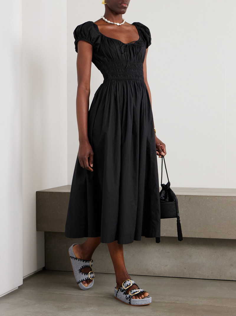 DÔEN Quinn tie-detailed shirred organic cotton-poplin midi dress Black outlook