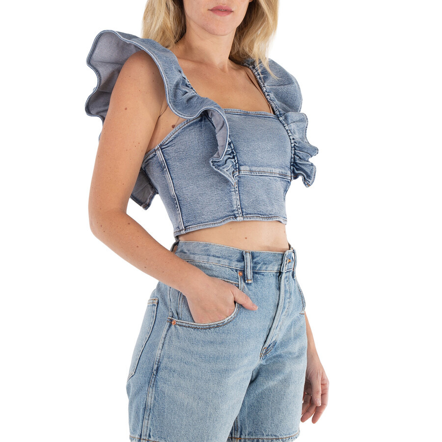 Ganni Stretch Denim Cropped Ruffle Top - 2