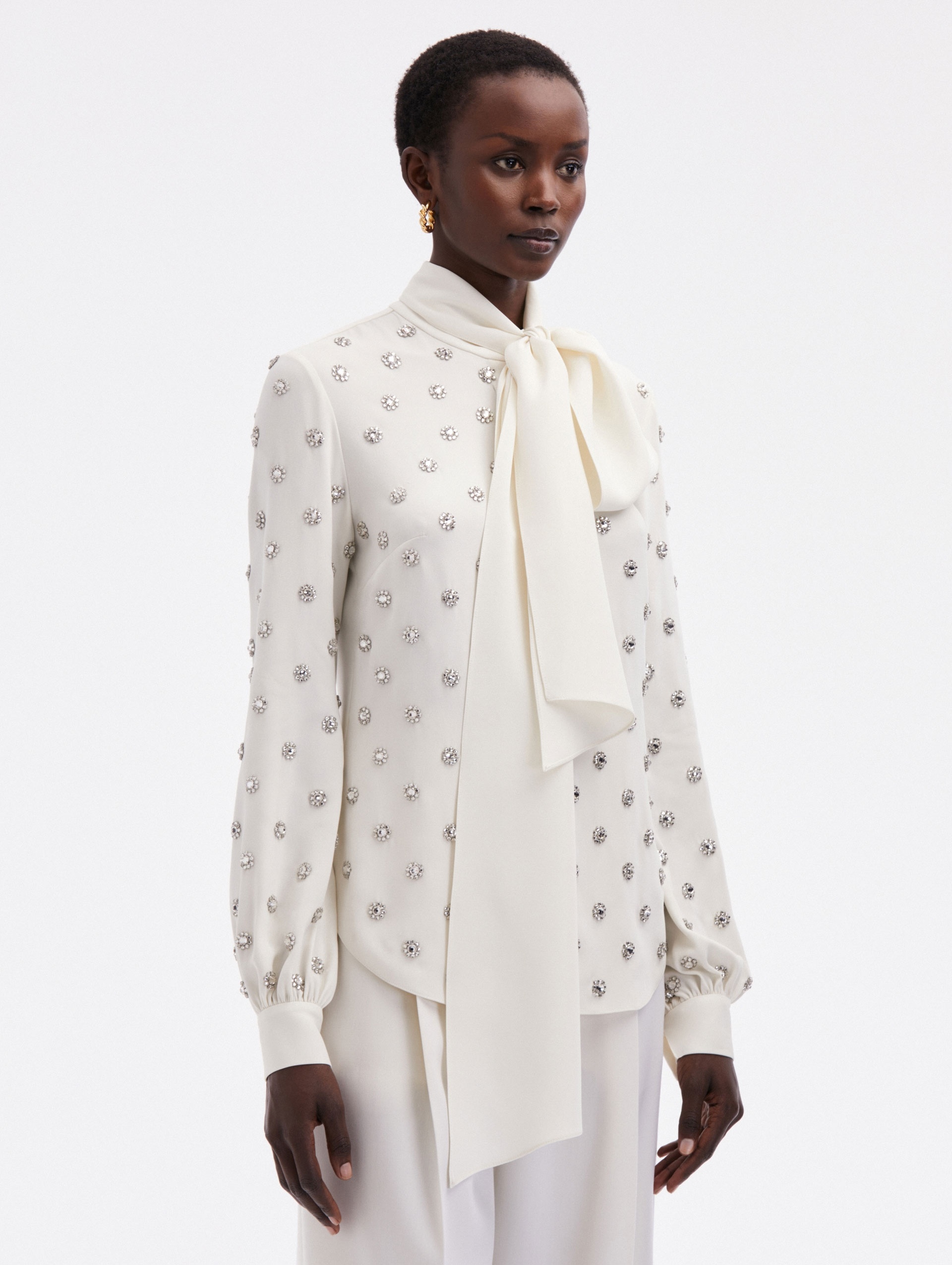 CRYSTAL EMBROIDERED TIE-NECK BLOUSE - 4