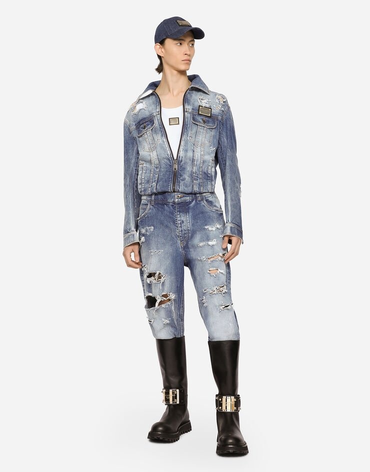 Light blue mixed-denim jumpsuit with rips - 6