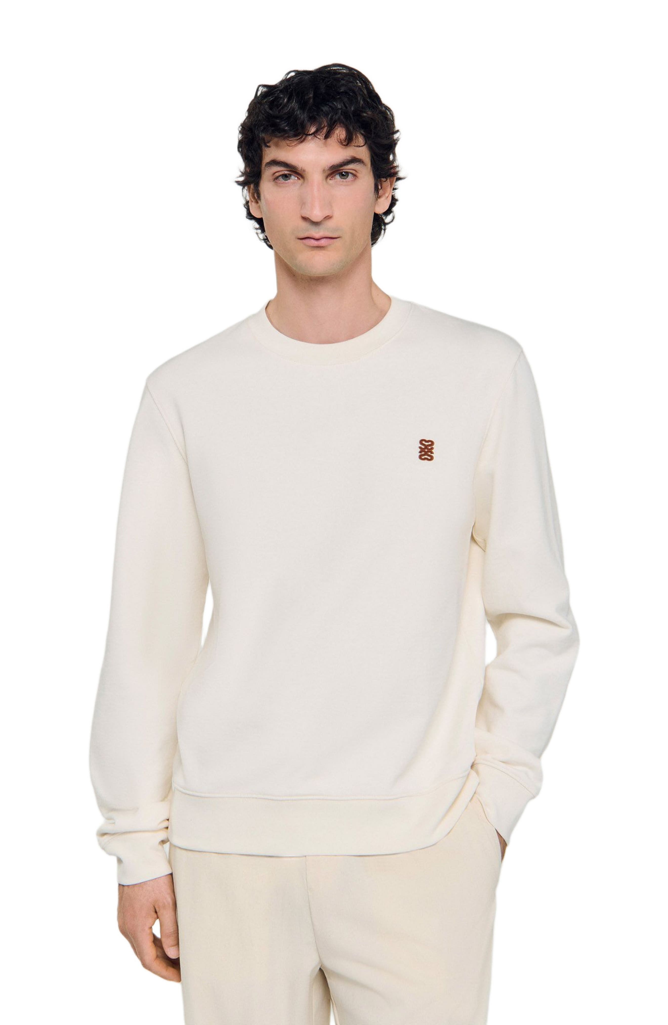 SANDRO Oversized sweatshirt with leather patch in Butter Cream at Nordstrom - 4