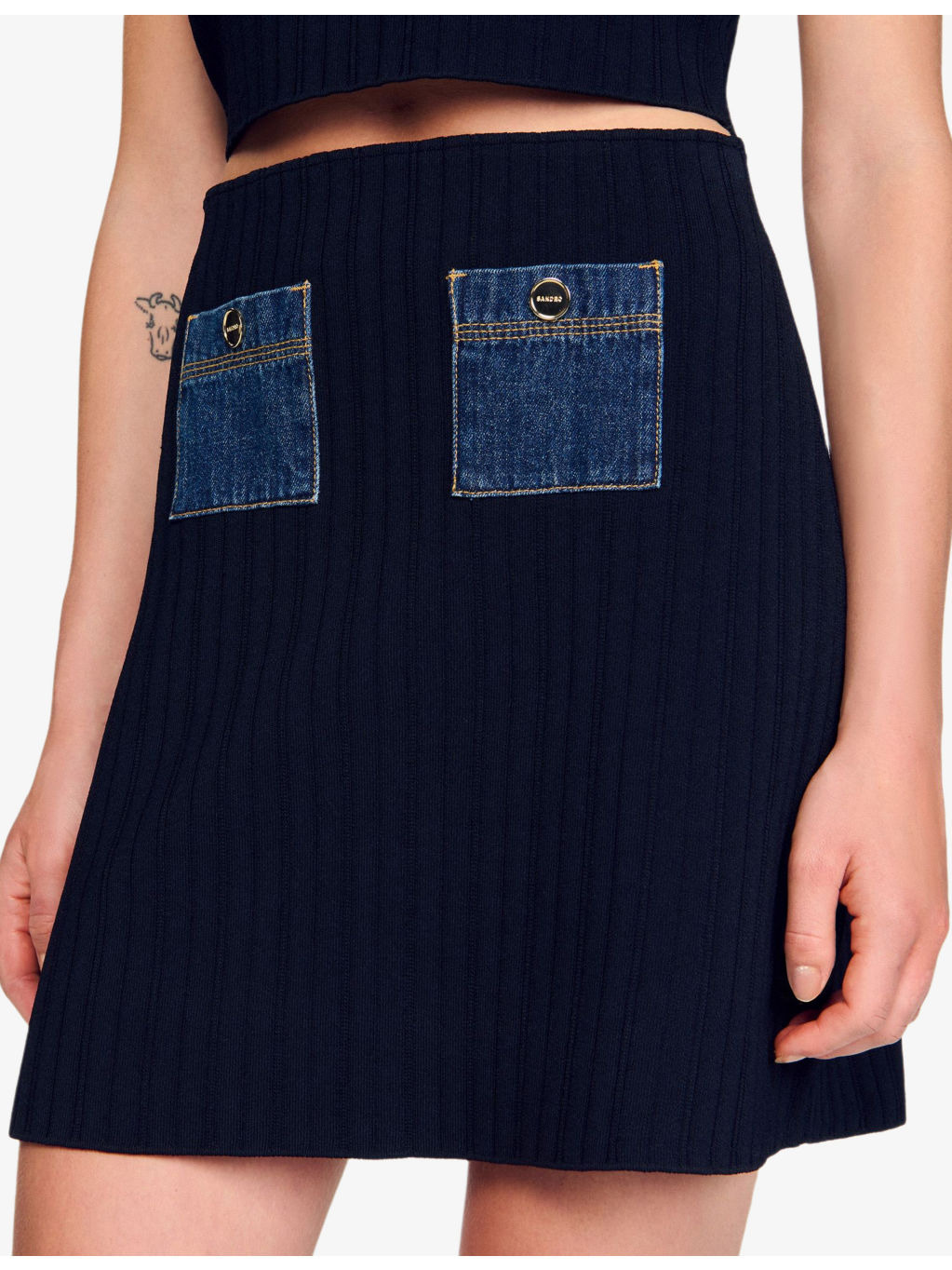 Denim-Pocket Knitted Mini Skirt - 4