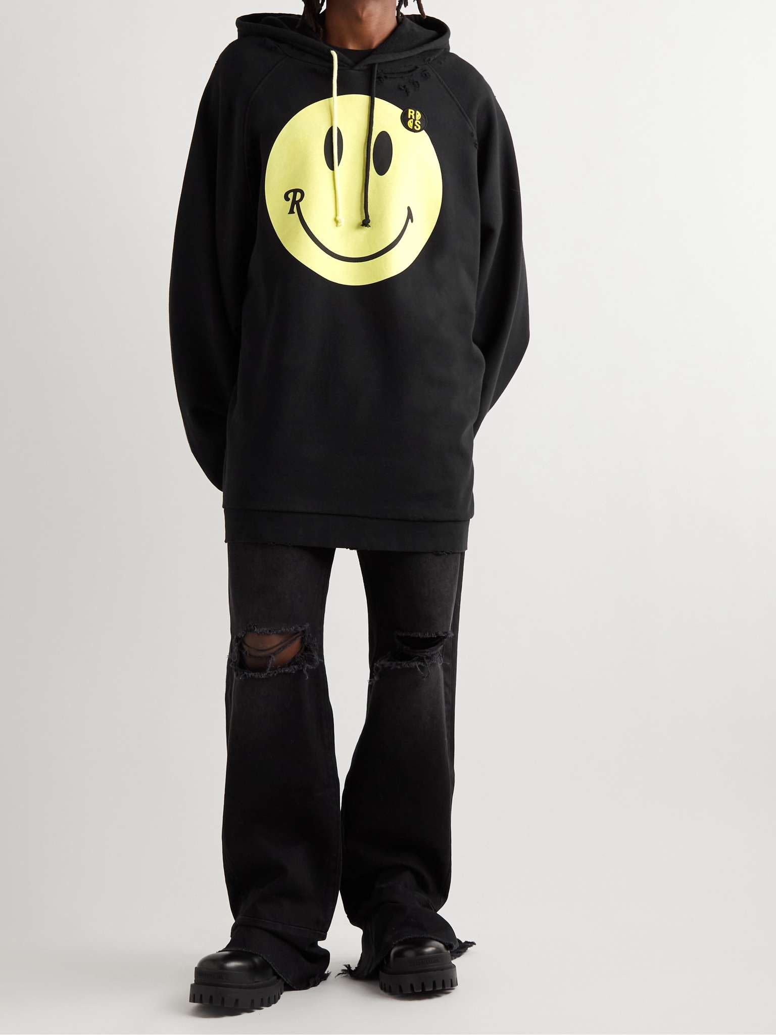 + Smiley Oversized Logo-Print Distressed Cotton-Jersey Hoodie - 2