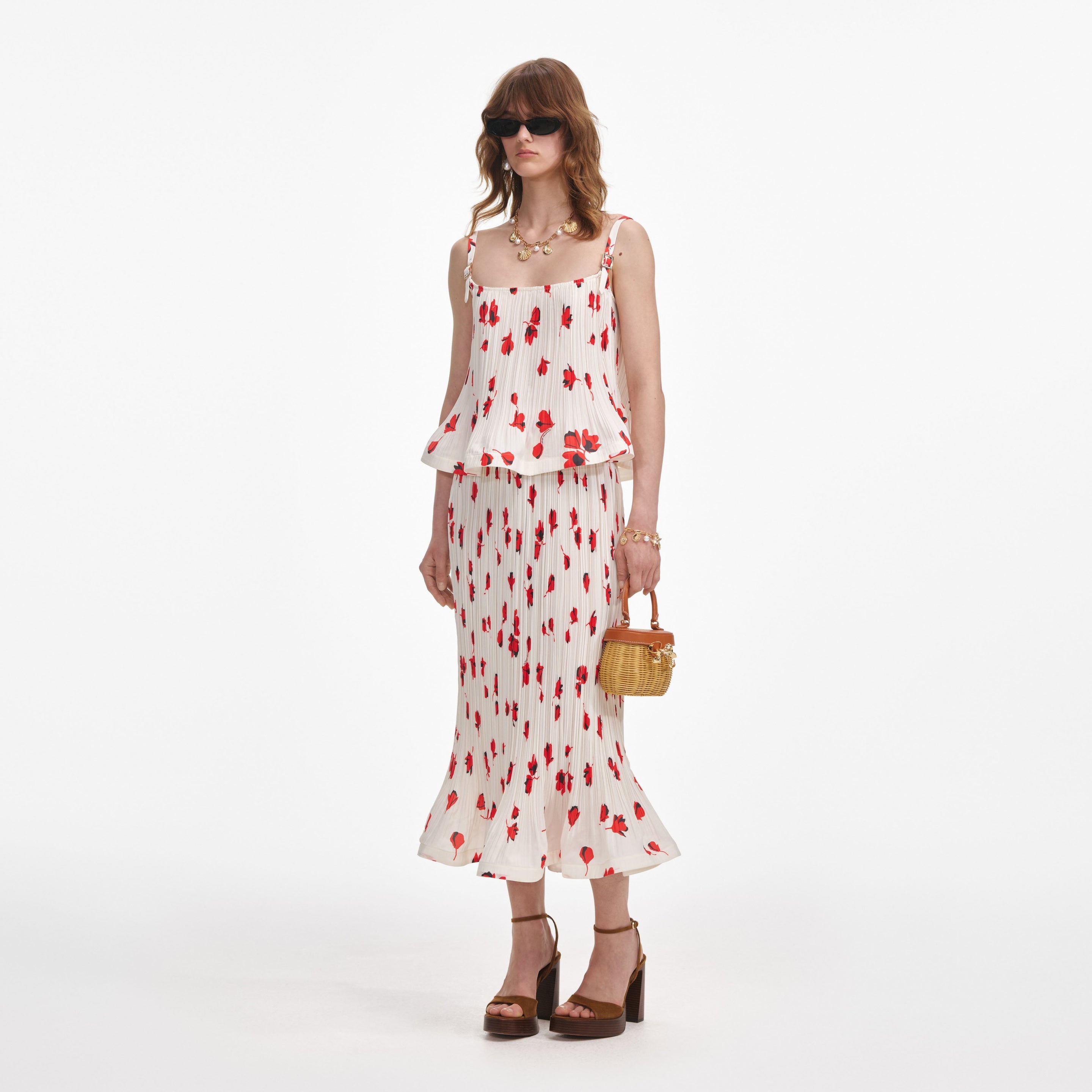 White Floral Plisse  Midi Skirt - 2
